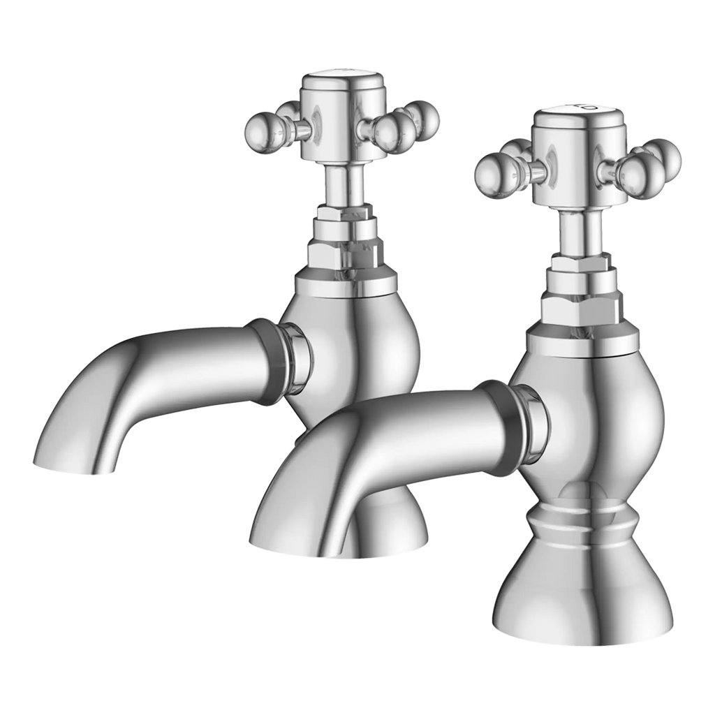 Brass bathroom sink taps with vintage cross handles, chrome finish, modern design, suitable for stylish bathroom renovation, high-quality sanitary fixtures, close-up.