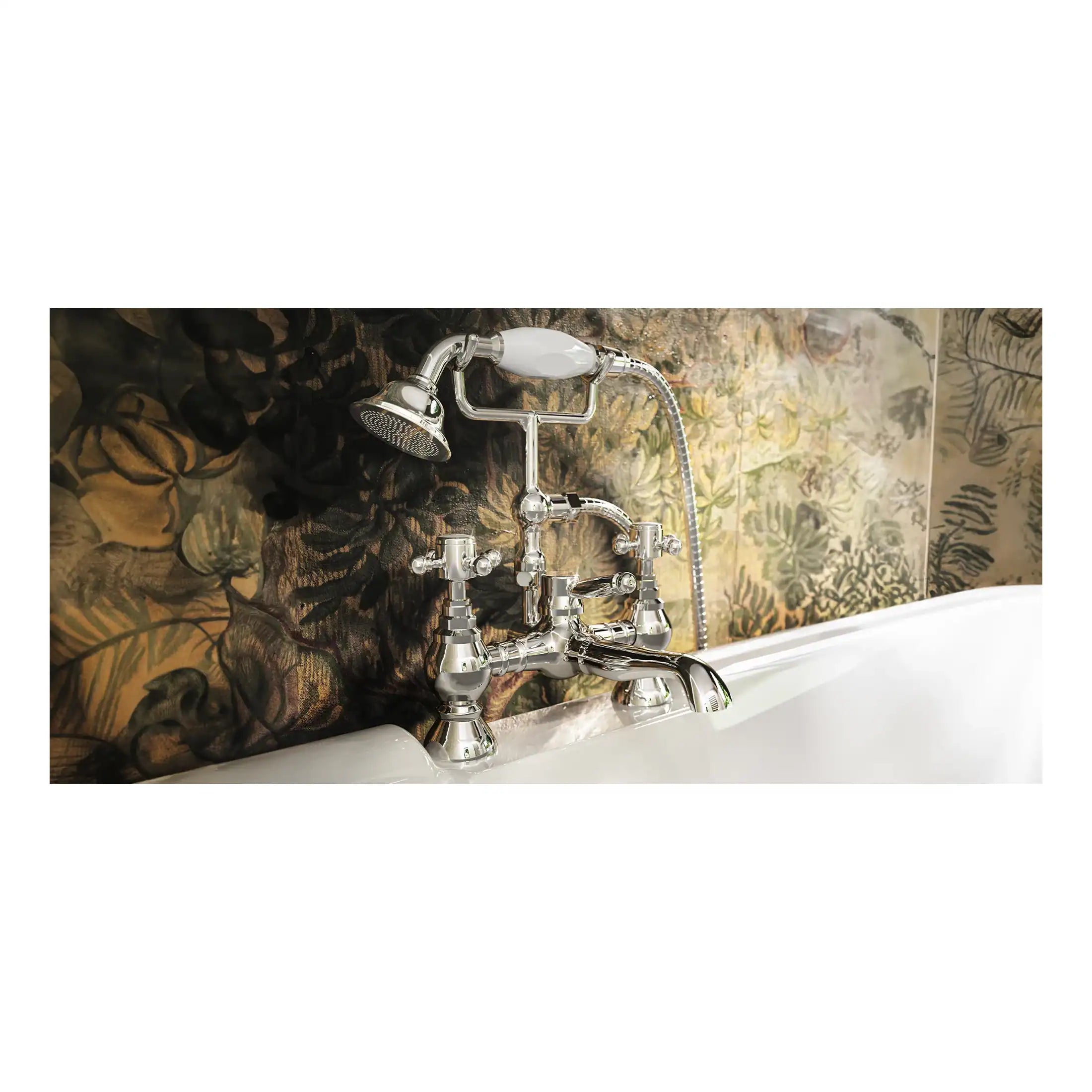 Luxurious vintage-style chrome bathtub tap with handheld shower and floral wallpaper backdrop, perfect for elegant bathroom bathroom decor and traditional bath fixtures.