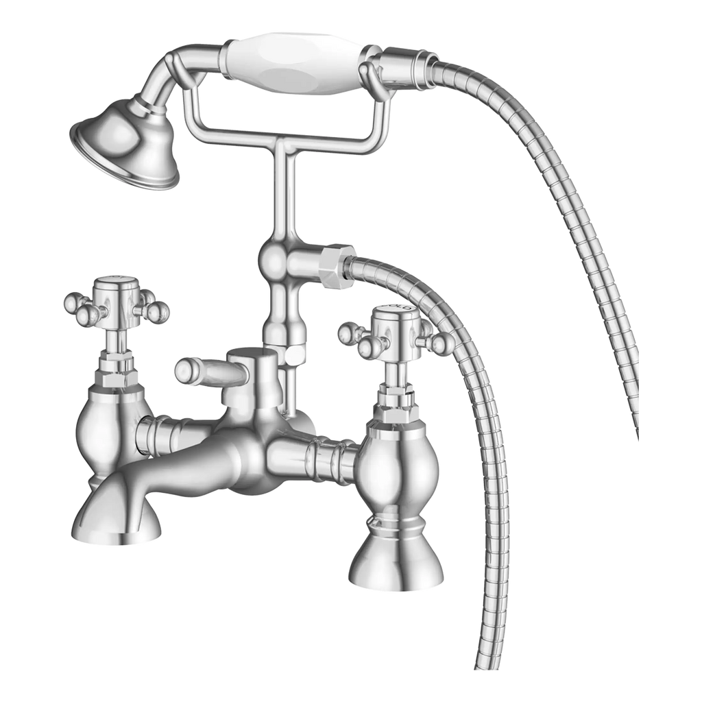 Brass bathroom mixer tap with a hand shower and flexible hose, Victorian style, metal finish, suitable for vintage bathroom decor, high-quality plumbing fixture.