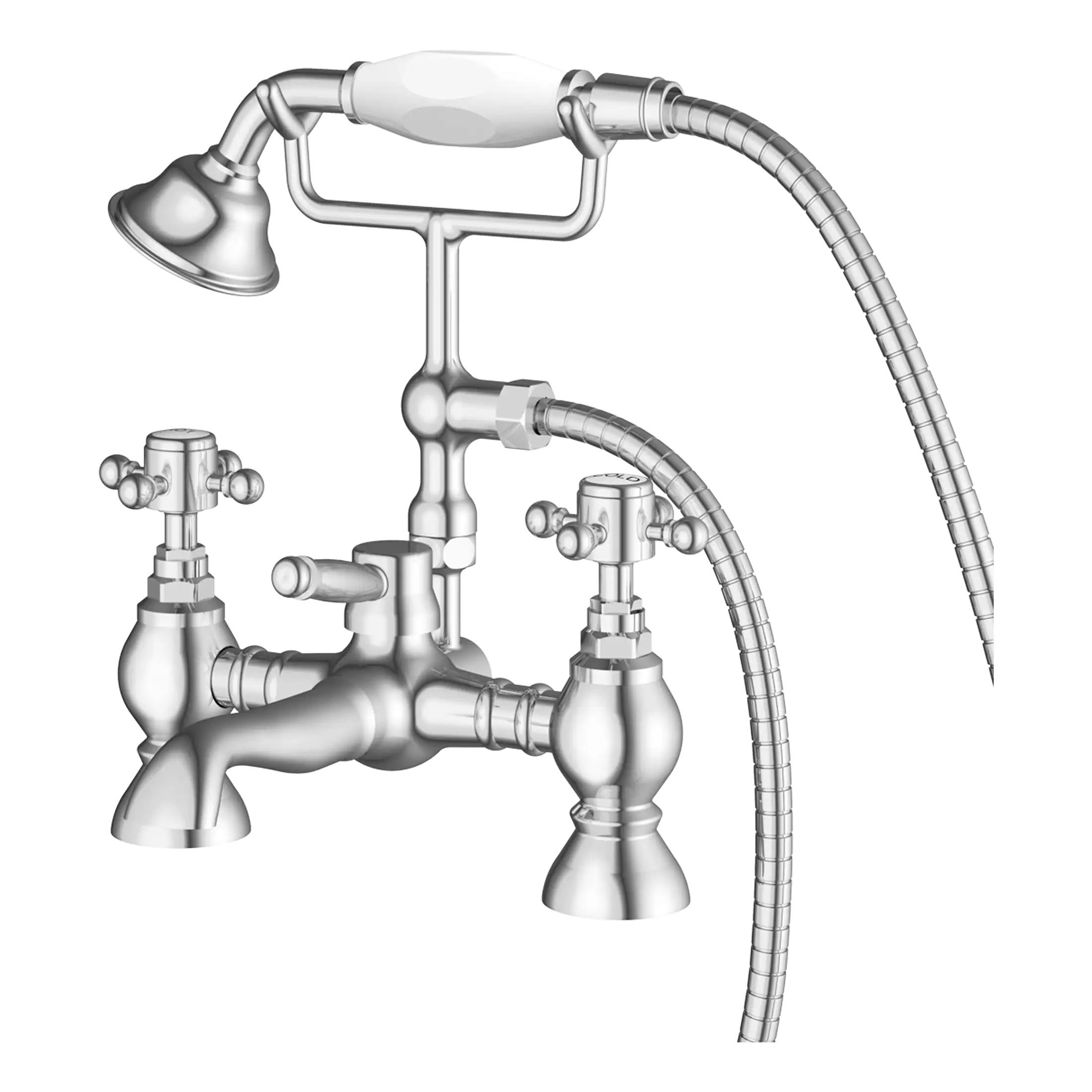 Brass bathroom mixer tap with a hand shower and flexible hose, Victorian style, metal finish, suitable for vintage bathroom decor, high-quality plumbing fixture.