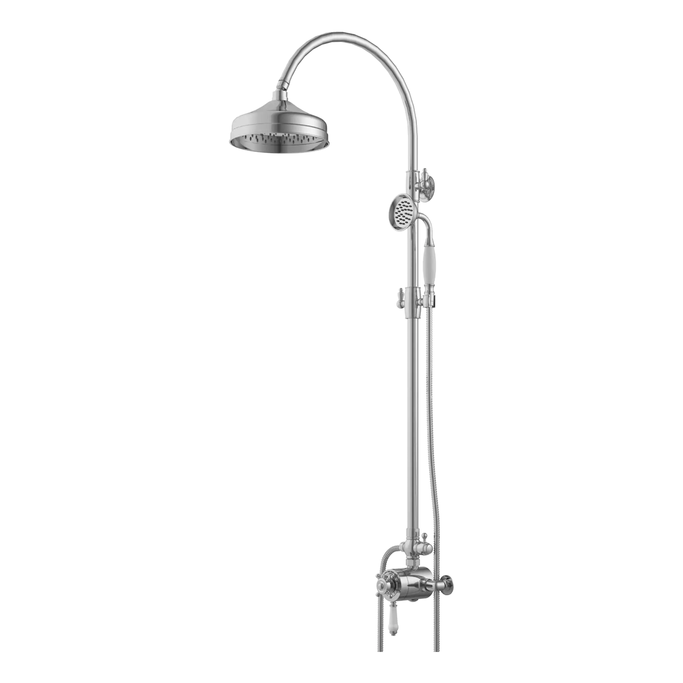 Stainless steel shower system with overhead rain showerhead, handheld shower and thermostatic mixer for modern bathroom renovation.