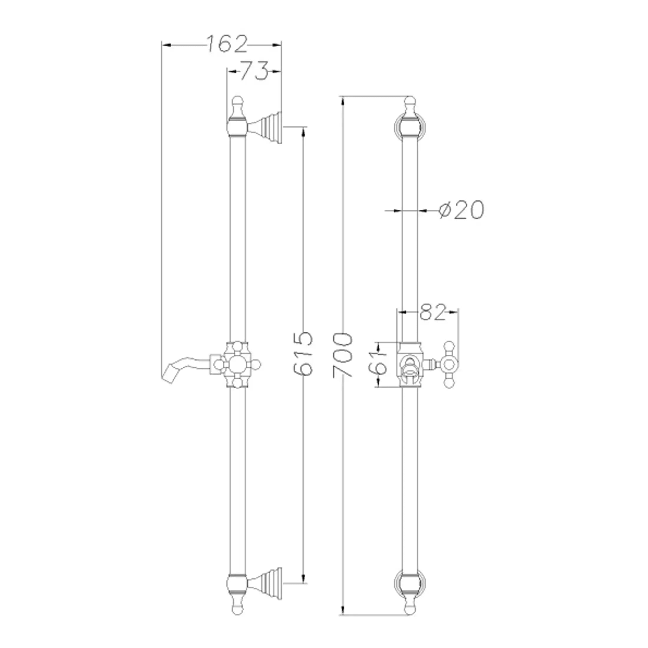 High-quality vintage bathroom faucet with detailed technical drawing, including dimensions and pipe fittings, ideal for classic or traditional bathroom designs.