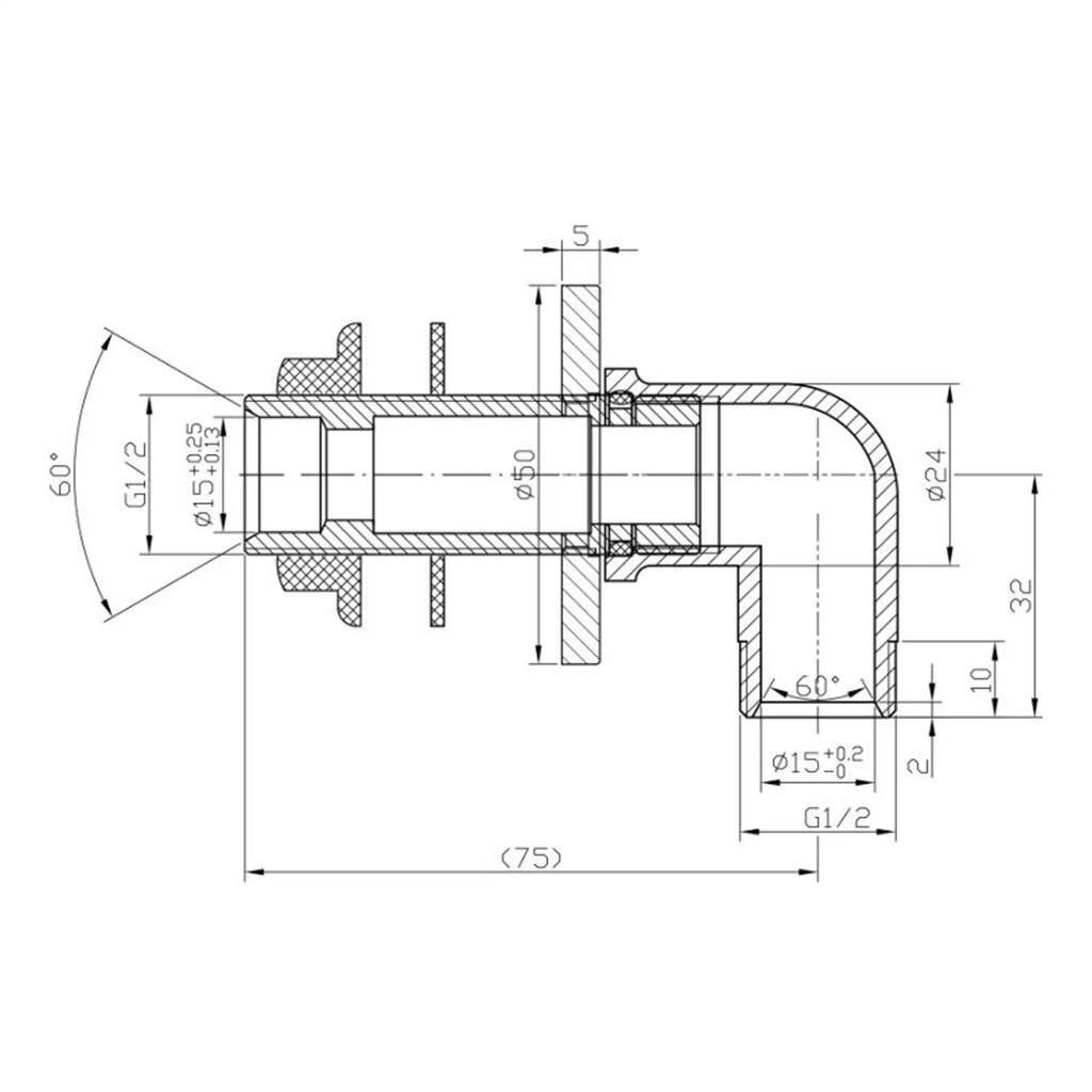 High-quality technical drawing of a bathroom plumbing fitting with precise measurements, detailing the dimensions for installation and connection to bathroom fixtures.
