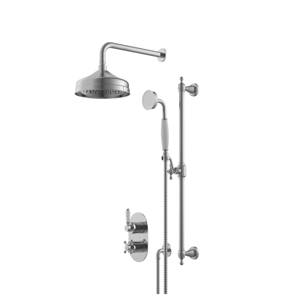 Shower system with a large overhead head and a handheld shower attachment, featuring a sleek chrome finish and adjustable controls for modern bathroom installations.