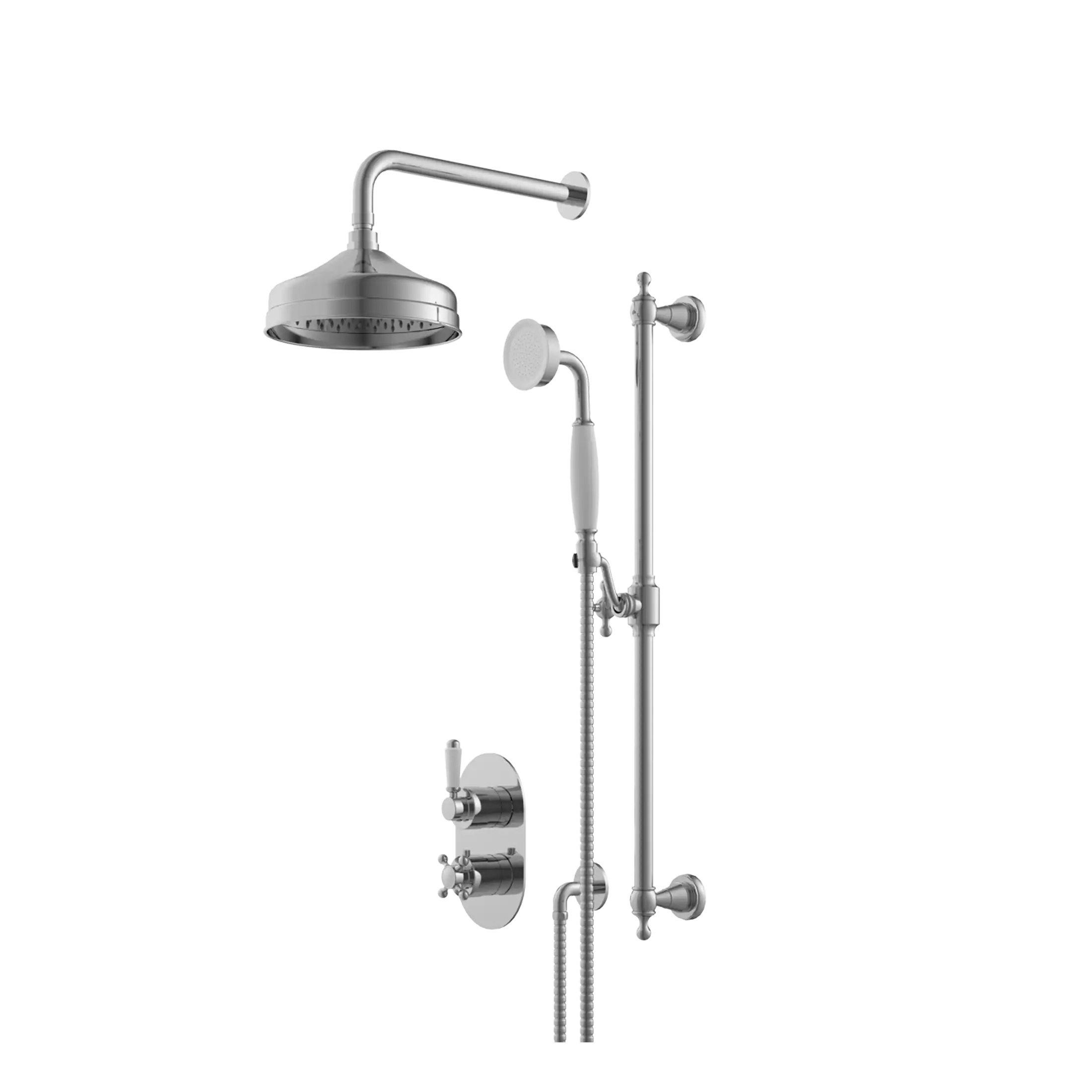 Shower system with a large overhead head and a handheld shower attachment, featuring a sleek chrome finish and adjustable controls for modern bathroom installations.