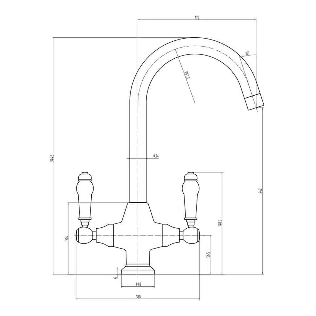 Stylish traditional kitchen tap with detailed technical drawing, high-quality fixtures, and chrome finish, perfect for modern bathroom or kitchen renovations.