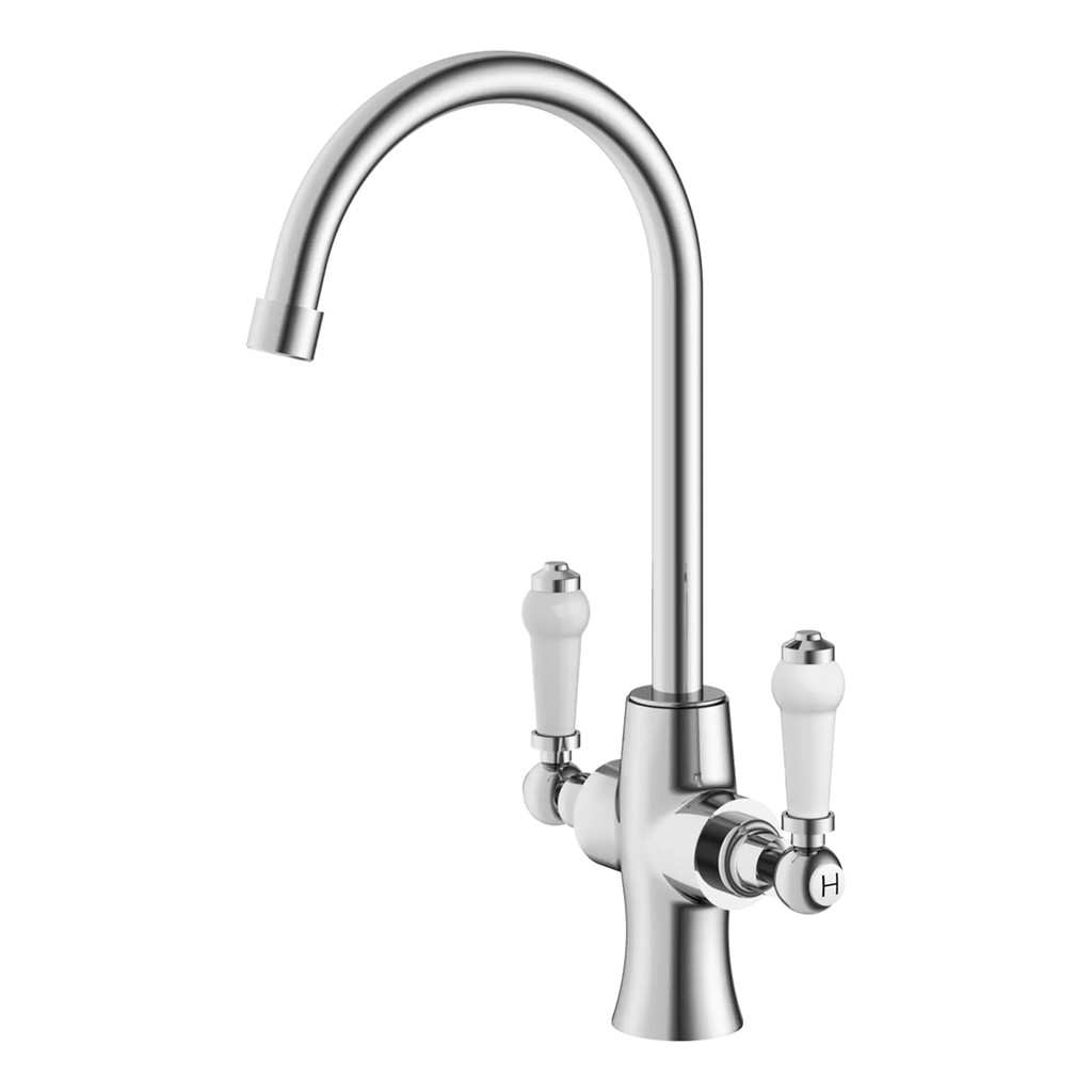 Shiny chrome kitchen tap with dual white ceramic handles, high-arc spout, and modern design. Suitable for bubly bathrooms or kitchens, offering elegant style and reliable water control.