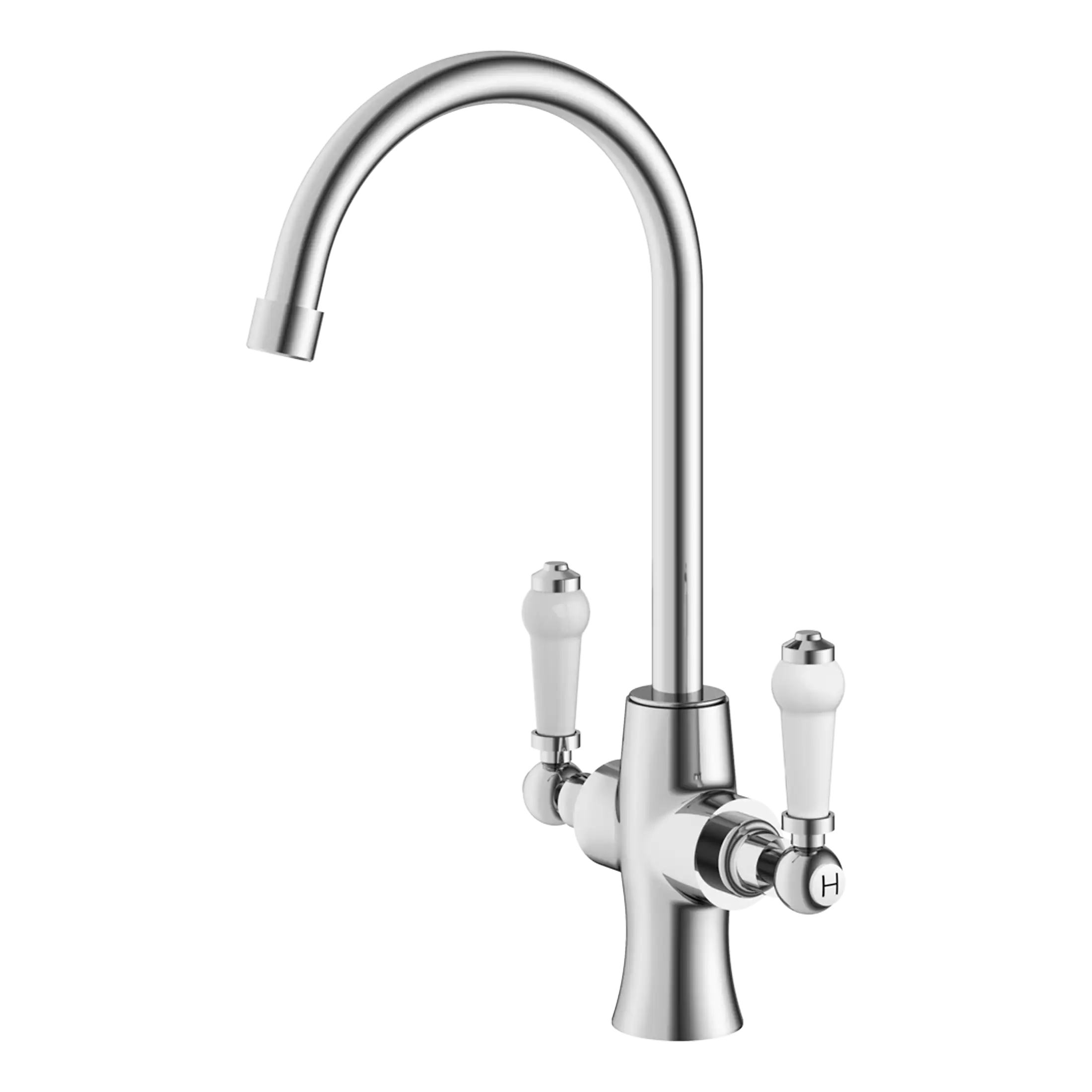 Shiny chrome kitchen tap with dual white ceramic handles, high-arc spout, and modern design. Suitable for bubly bathrooms or kitchens, offering elegant style and reliable water control.