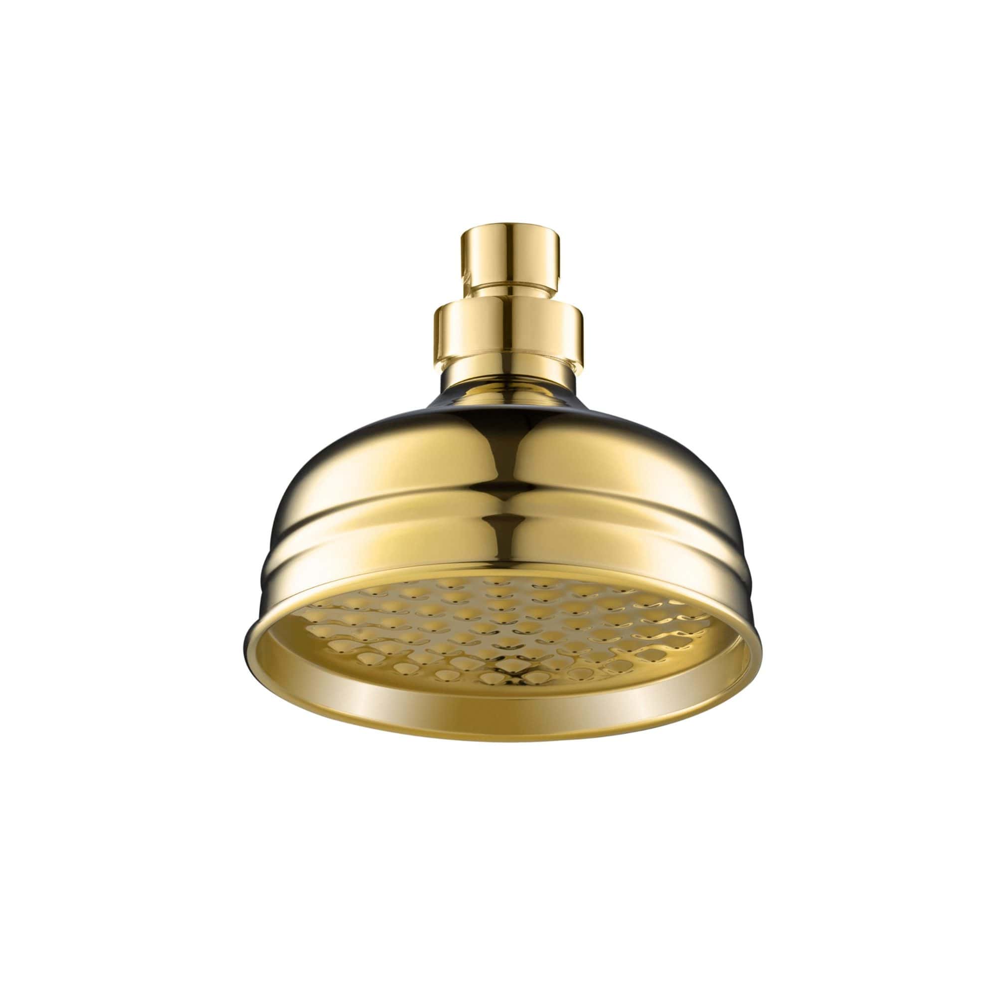 Golden shower head, bathroom plumbing fixture, luxurious gold finish showerhead for modern bathrooms, high-quality bathroom accessories, Bubly Bathrooms.