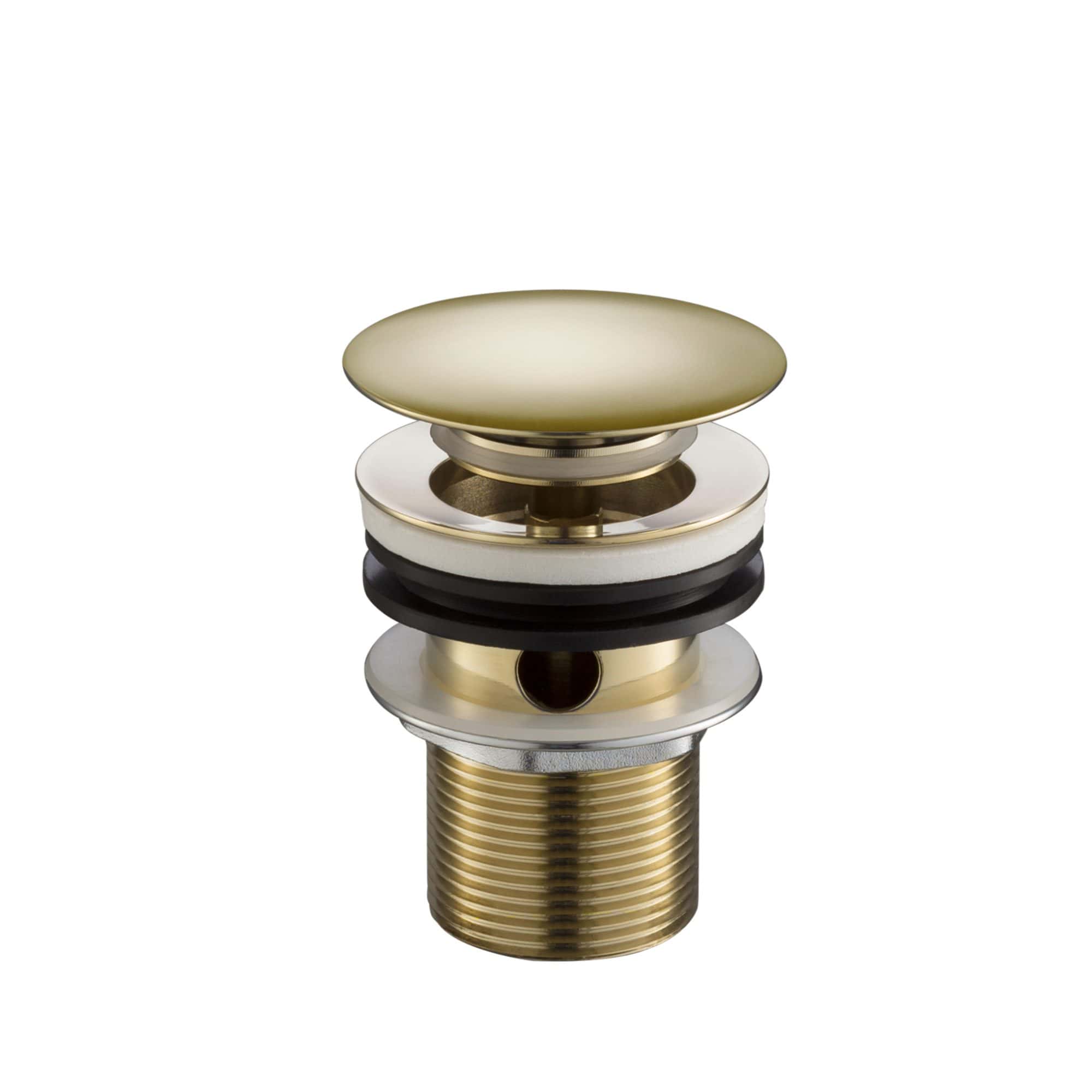 Shower drain cover with polished brass finish, black rubber gasket, and stainless steel components for durable bathroom installation. High-quality bathroom drain fitting from Bubly Bathrooms.