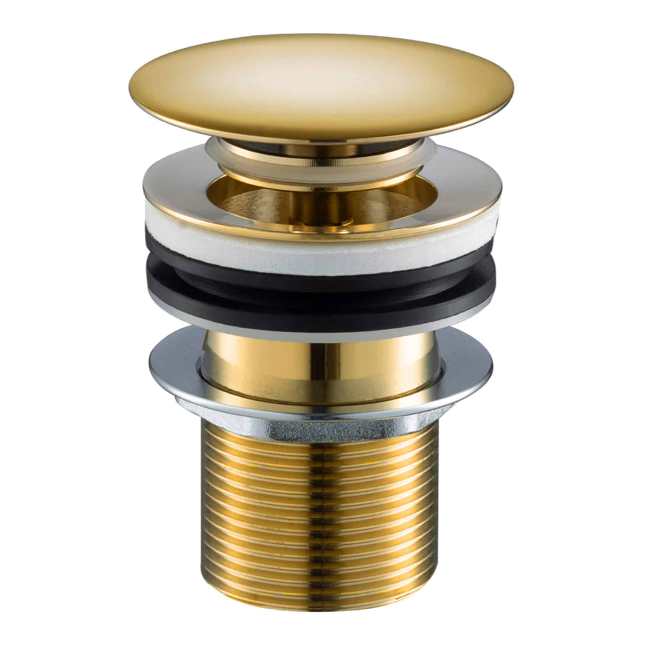 Shower drain assembly with gold, black, white, and silver fittings for bathroom drainage. Durable and stylish, ideal for elegant bathroom renovation projects.