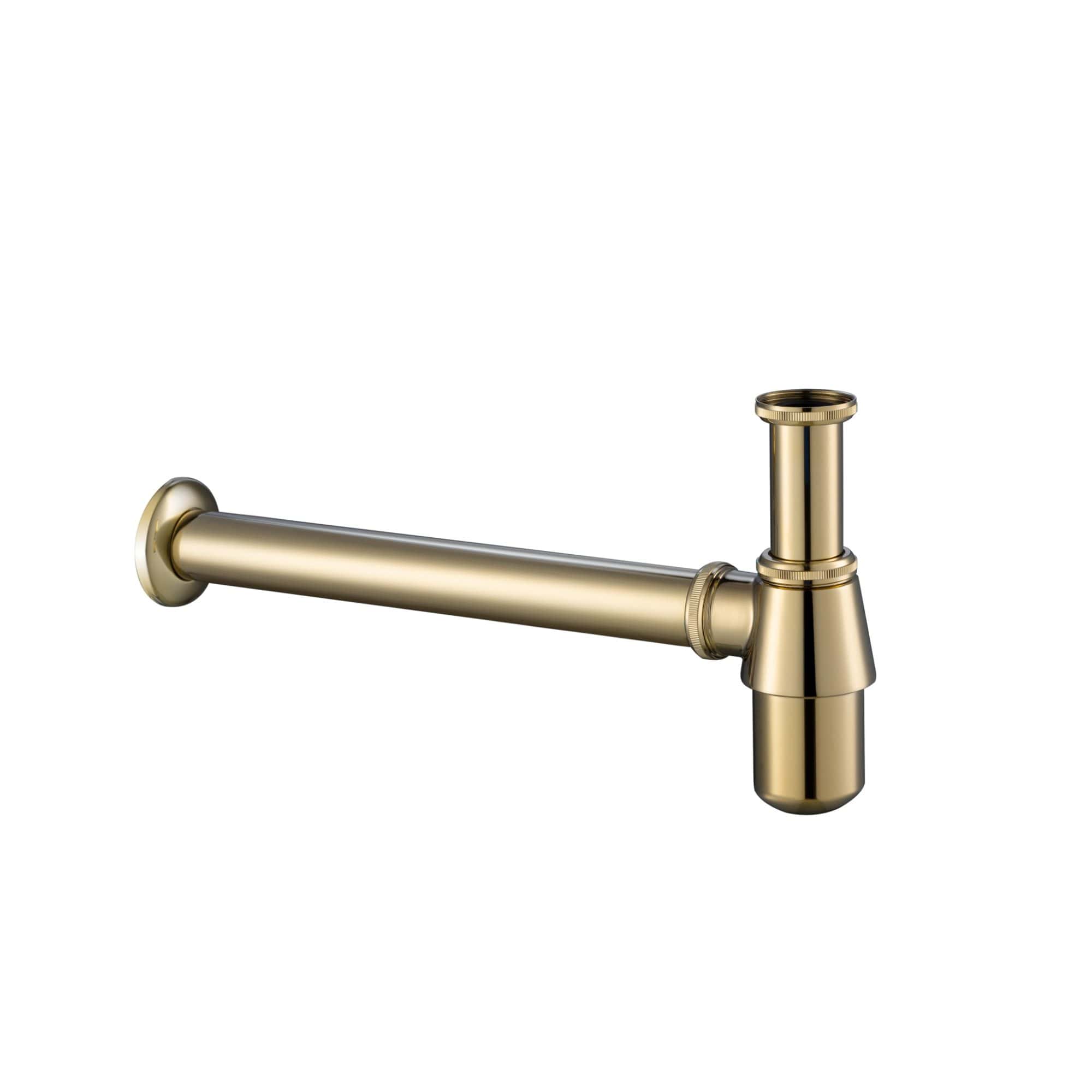 Polished brass bathroom sink waste trap, modern plumbing part for stylish bathroom installation. Durable and corrosion-resistant, ideal for high-quality bathroom plumbing systems.