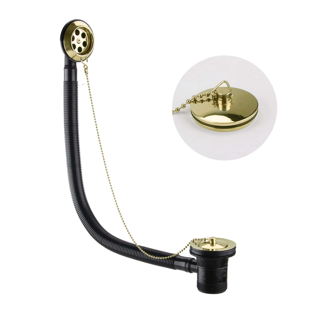 Flexible black kitchen sink waste pipe with gold-toned chain and plug, ideal for bathroom or kitchen plumbing installations. High-quality, durable drain pipe fitting with stylish finish.