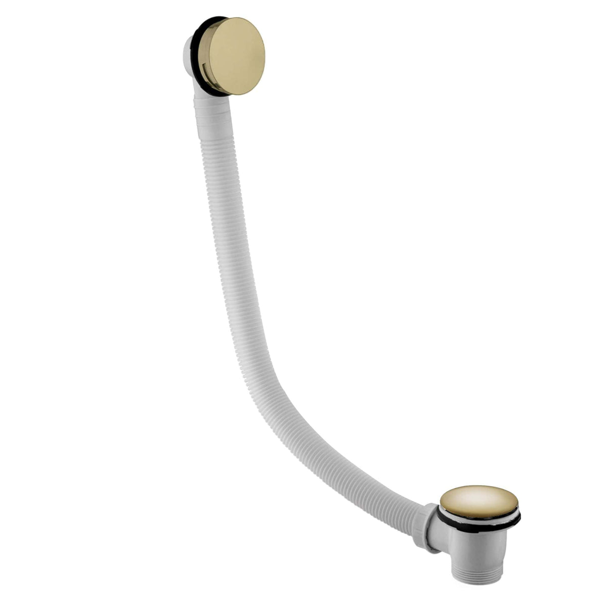 Flexible bathroom sink drain pipe with gold-tone covers, made of durable white plastic for efficient water drainage and aesthetic appeal. Perfect for modern bathroom renovation.