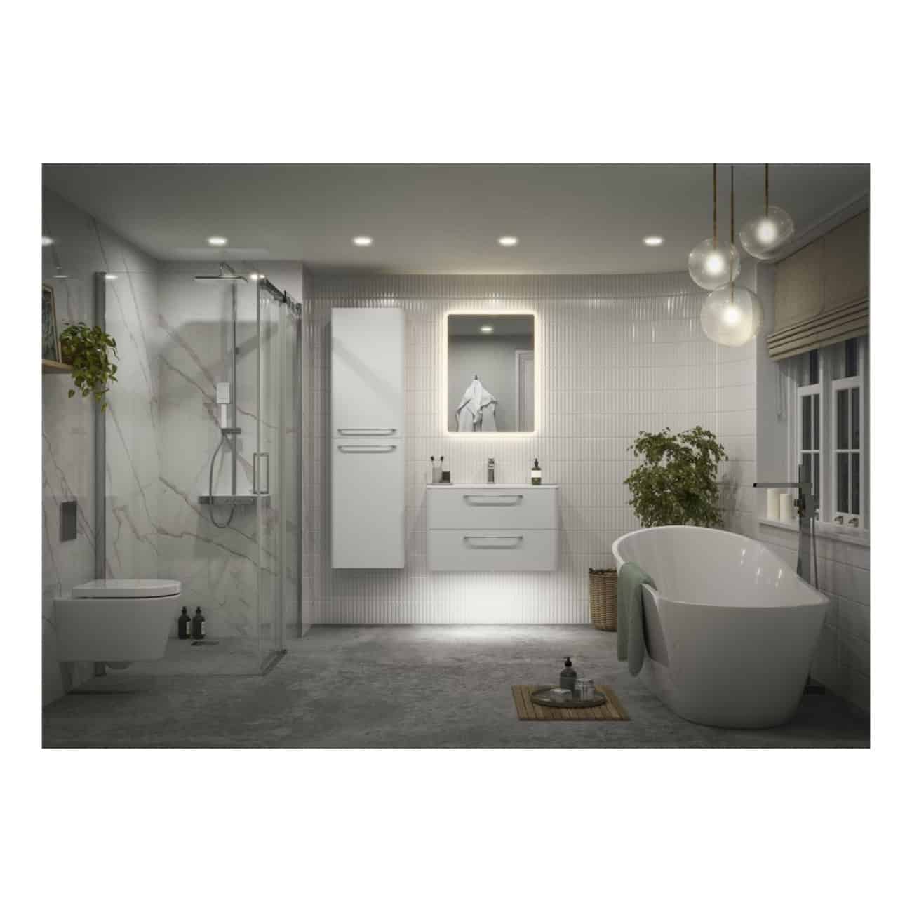 Luxurious modern bathroom featuring a walk-in shower, freestanding bathtub, sleek white vanity, and contemporary lighting, designed for comfort and style. Perfect for a high-end bubly bathroom aesthetic.
