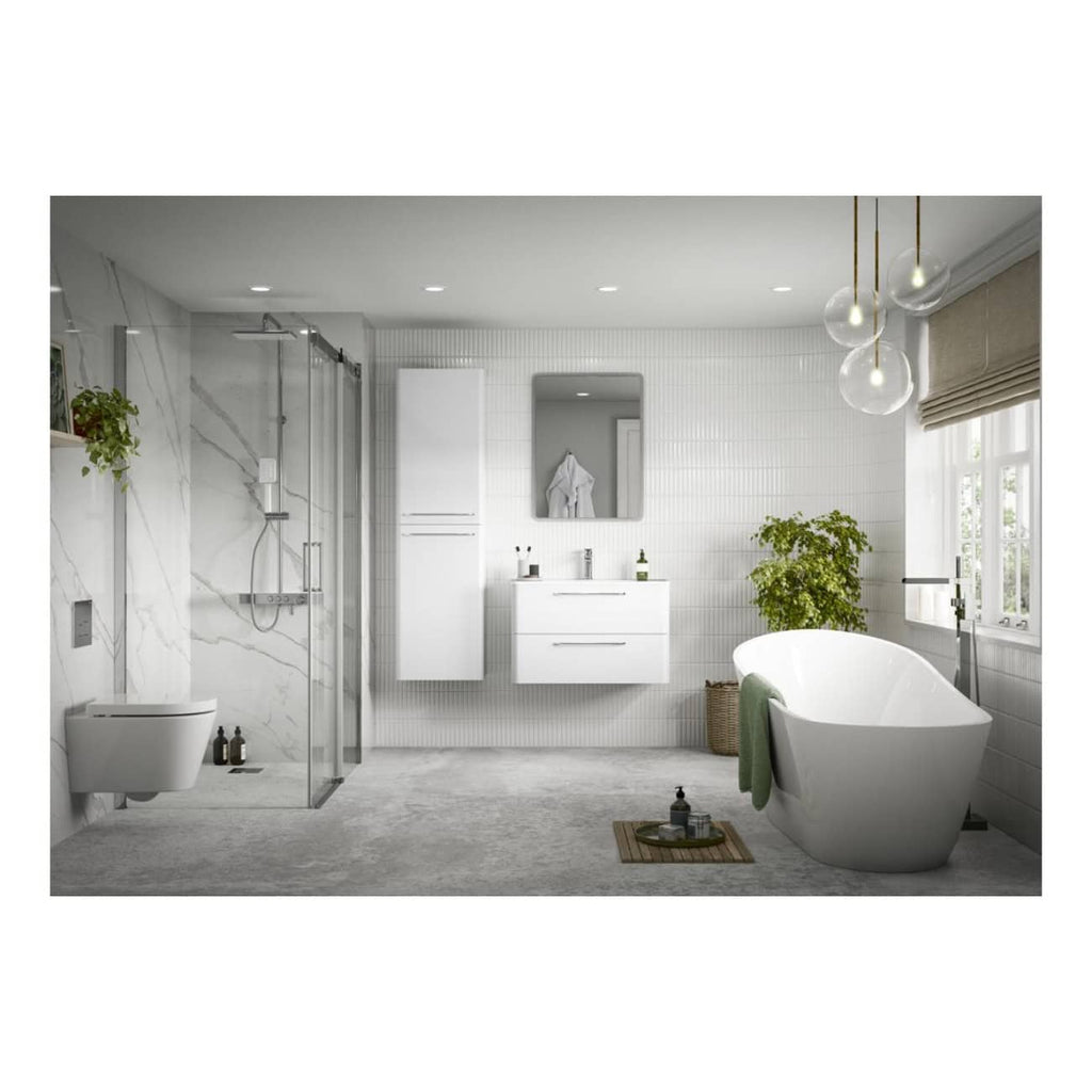 Bright white modern bathroom with freestanding bathtub, glass shower enclosure, sleek vanity units, and stylish lighting fixtures, perfect for contemporary bathroom design.