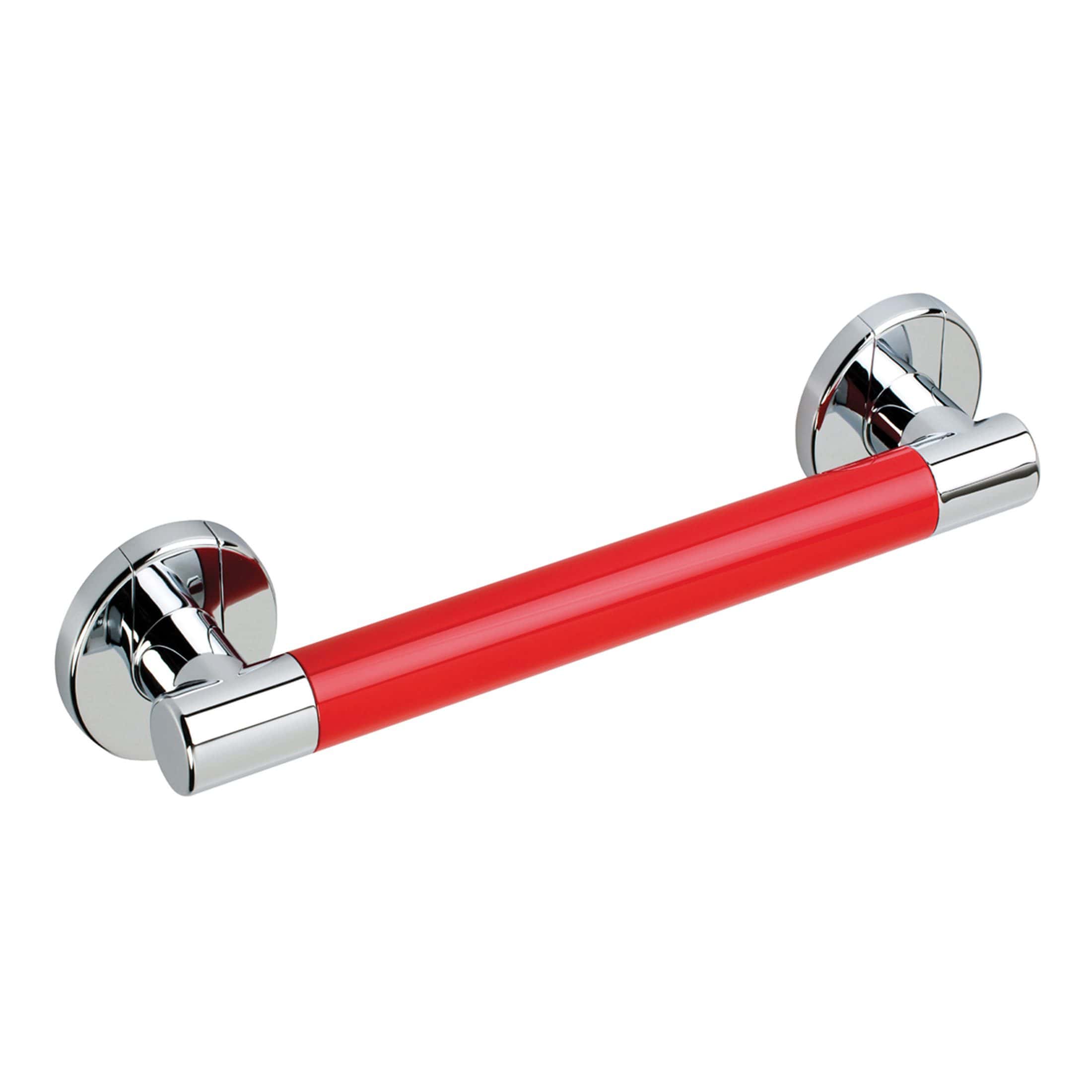 Red bathroom grab rail with chrome fittings for safety and accessibility in modern bathrooms. Elegant and durable design perfect for elderly or disabled bathroom arrangements.