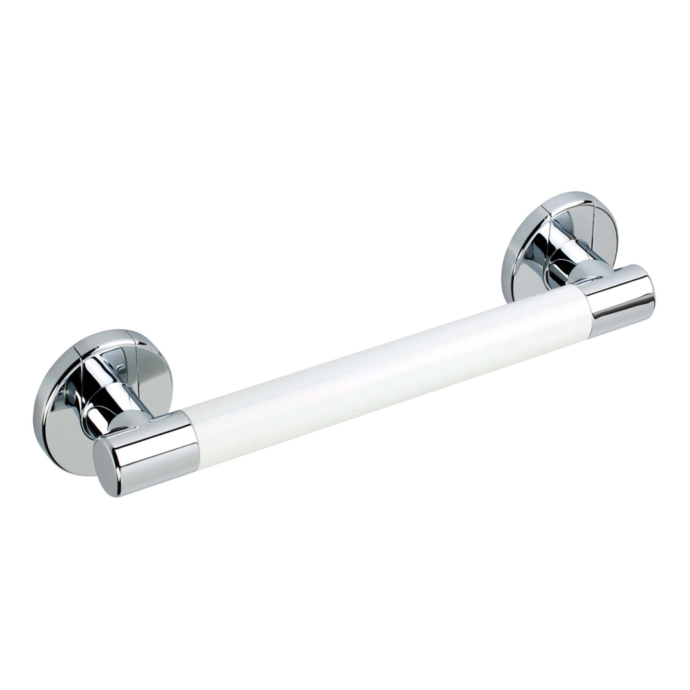 Shower grab rail with chrome finish and white grip, ideal for bathroom safety and support, modern design for convenient access.