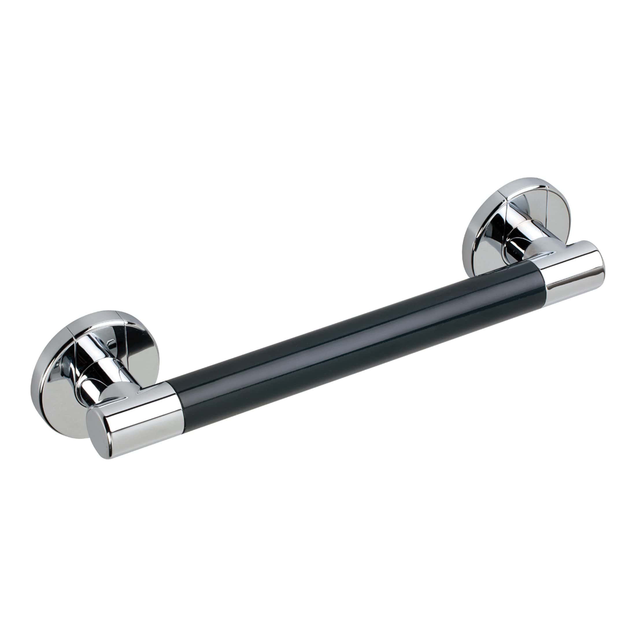 Chrome and black bathroom towel rail for modern Bubly Bathrooms decor, wall-mounted with sleek cylindrical design, ideal for stylish and functional bathroom organisation.