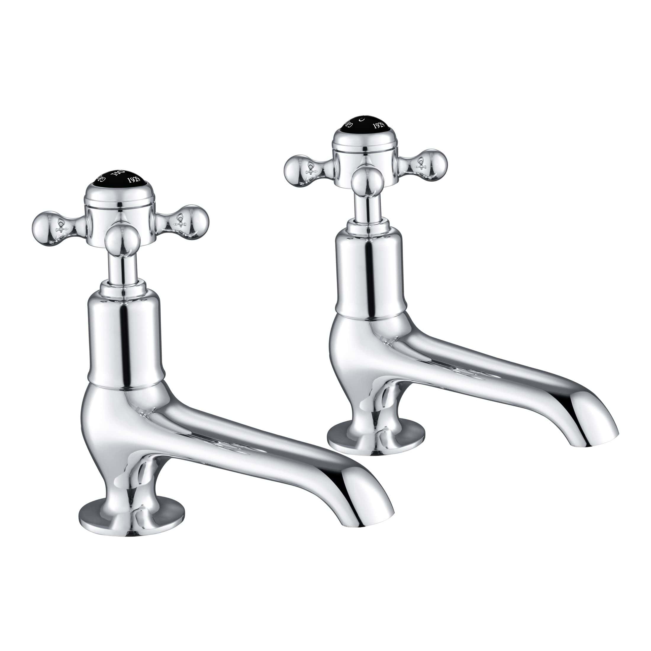 Chrome bathroom sink taps, traditional crosshead style, polished chrome finish, elegant vintage design, ideal for classic bathroom decor, high-quality plumbing fixtures for homes and hotels.