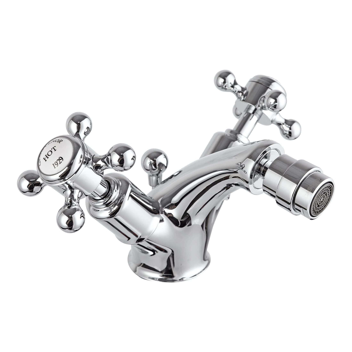 Shiny chrome bathroom mixer tap with dual handles, vintage design, and hot water indication, suitable for traditional or modern bathroom settings. Perfect for enhancing bathroom aesthetics.