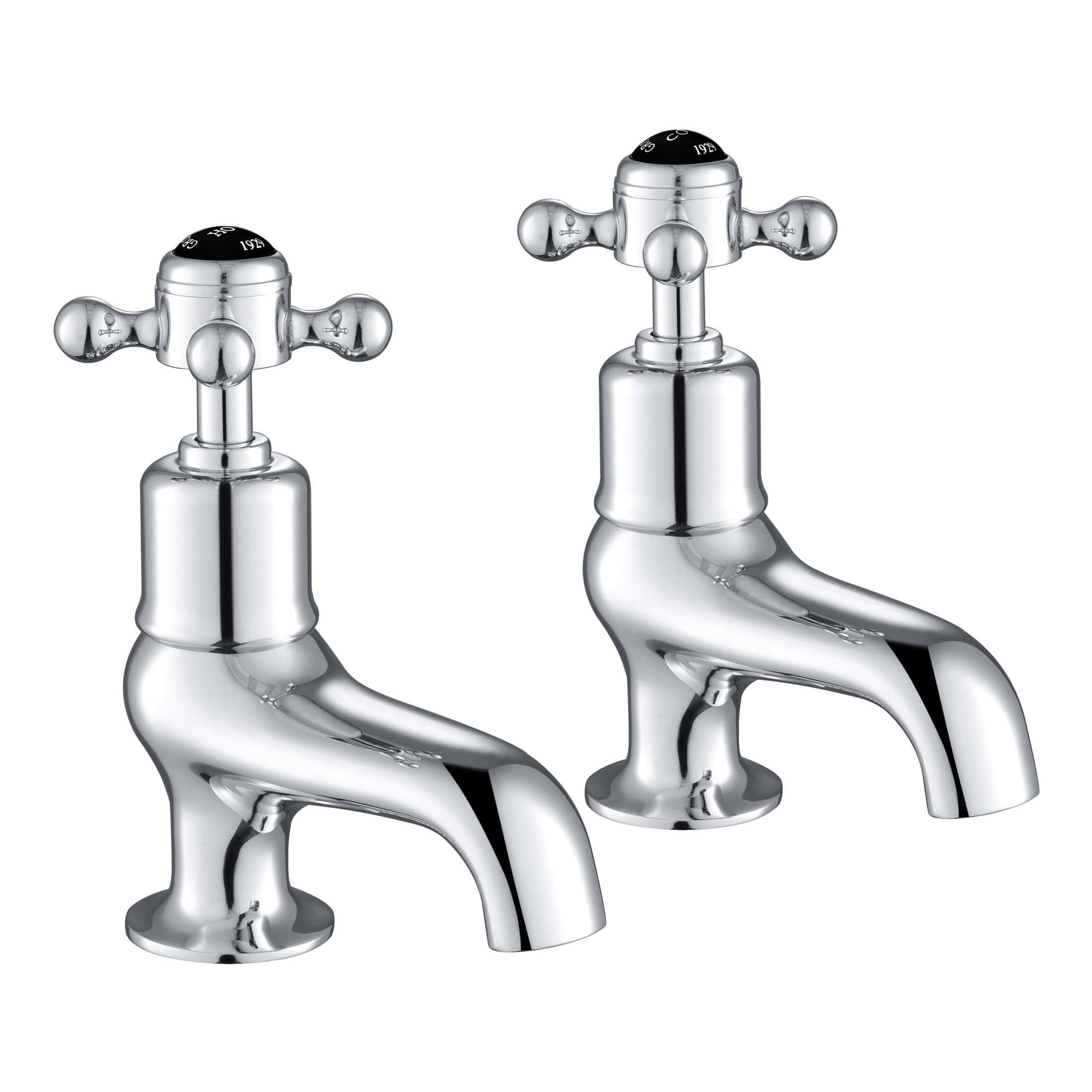 Chrome bathroom taps, classic cross handle design, suitable for traditional and modern bathroom fixtures, high-quality chrome finish for durability and style.