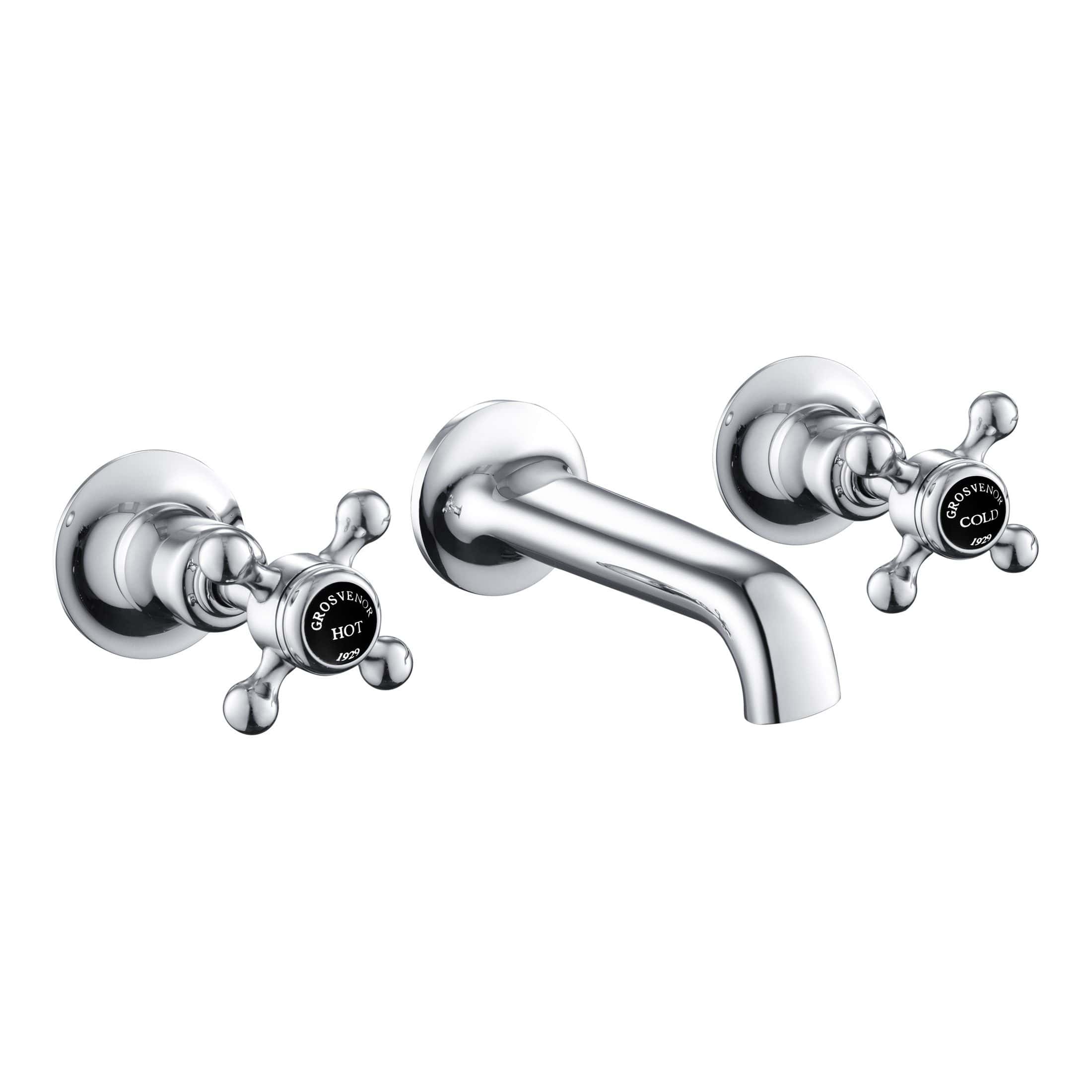 Chrome brass bathroom tap set with hot and cold handles, vintage-style, for use in luxe bathroom renovations, available at Bubly Bathrooms.