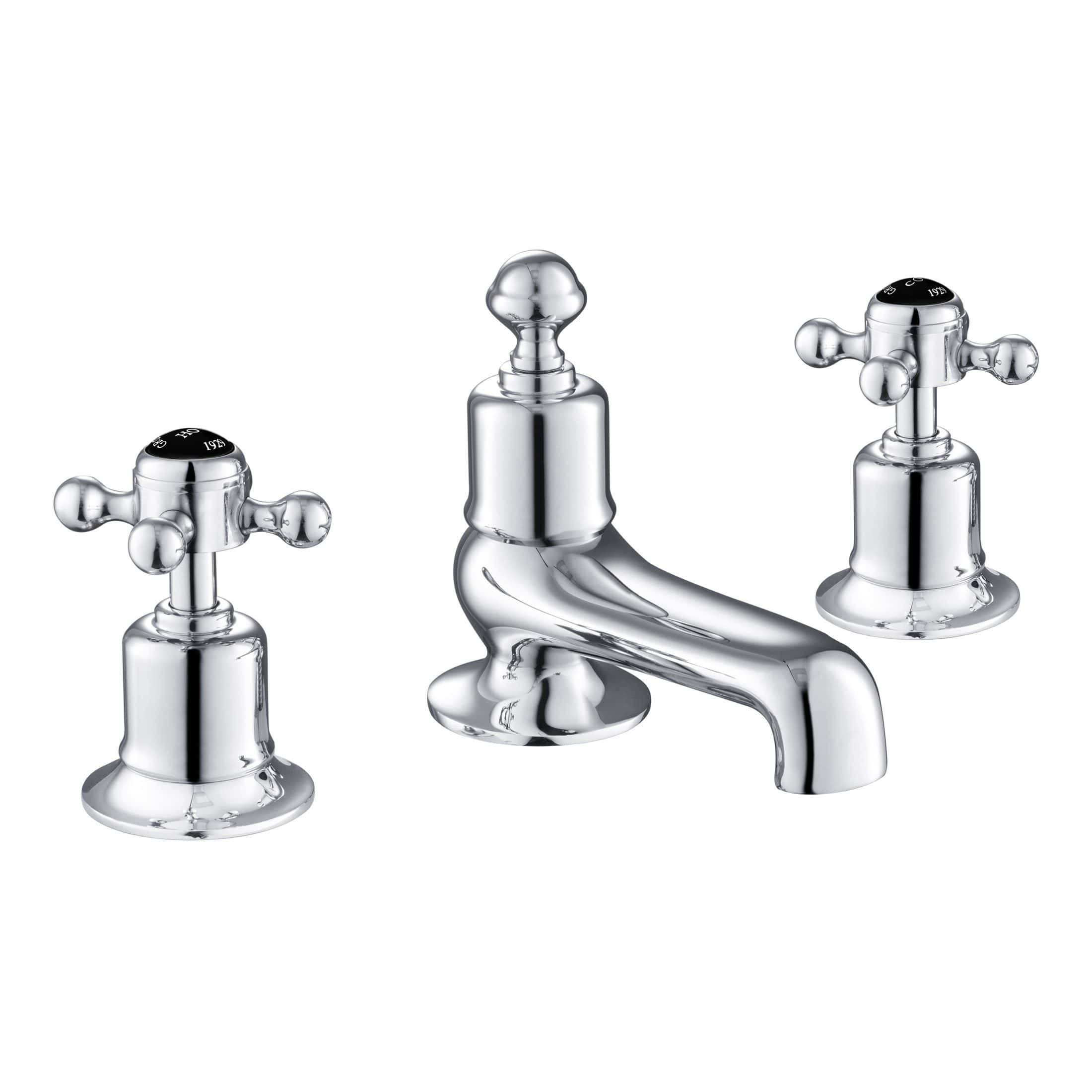 Polished chrome bathroom tap set with vintage cross handles and central spout, designed for classic or traditional bathroom refurbishments. Durable and stylish fixtures by Bubly Bathrooms.