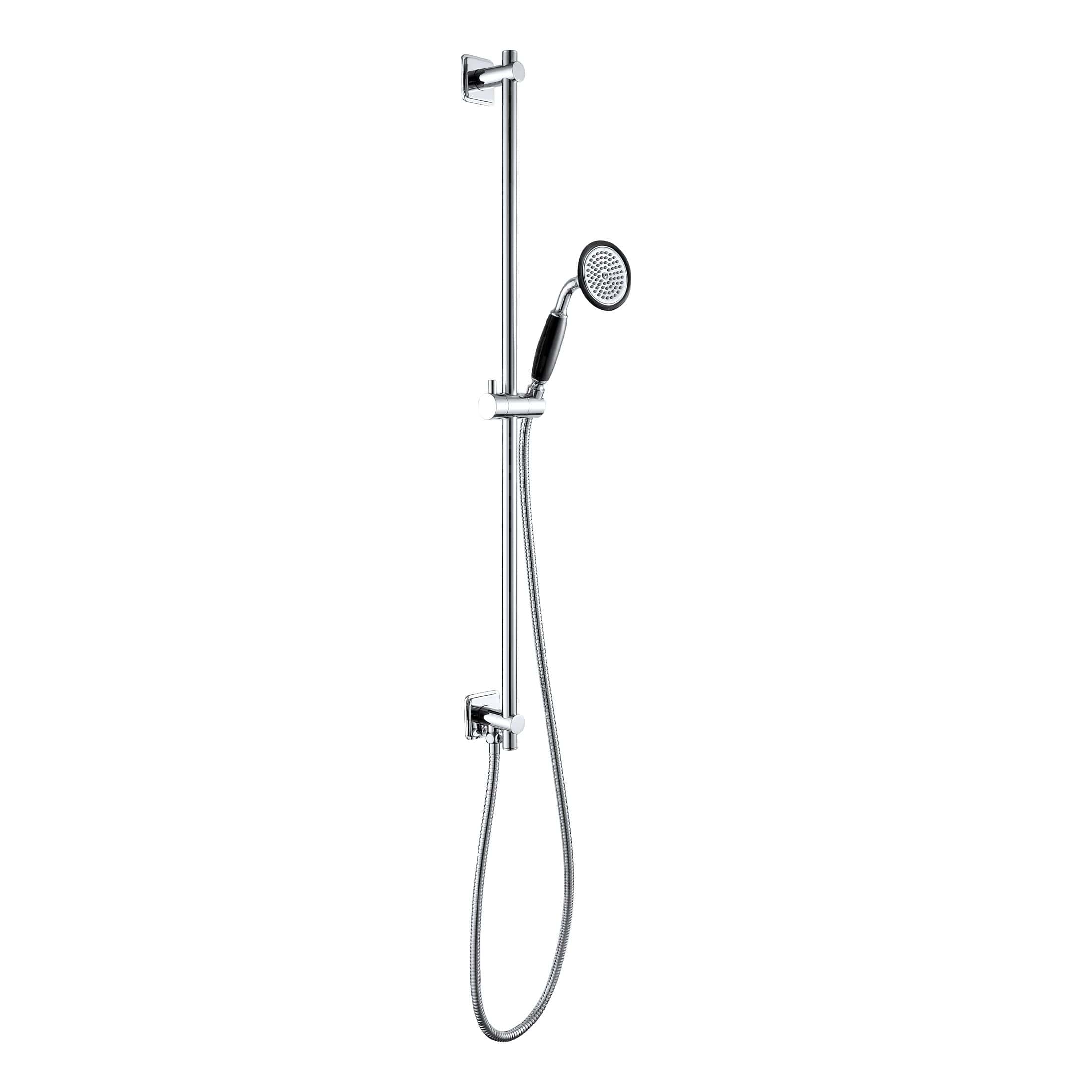 Polished chrome bathroom shower bar with adjustable handheld showerhead and wall-mounted slide rail, ideal for modern and stylish bathrooms.
