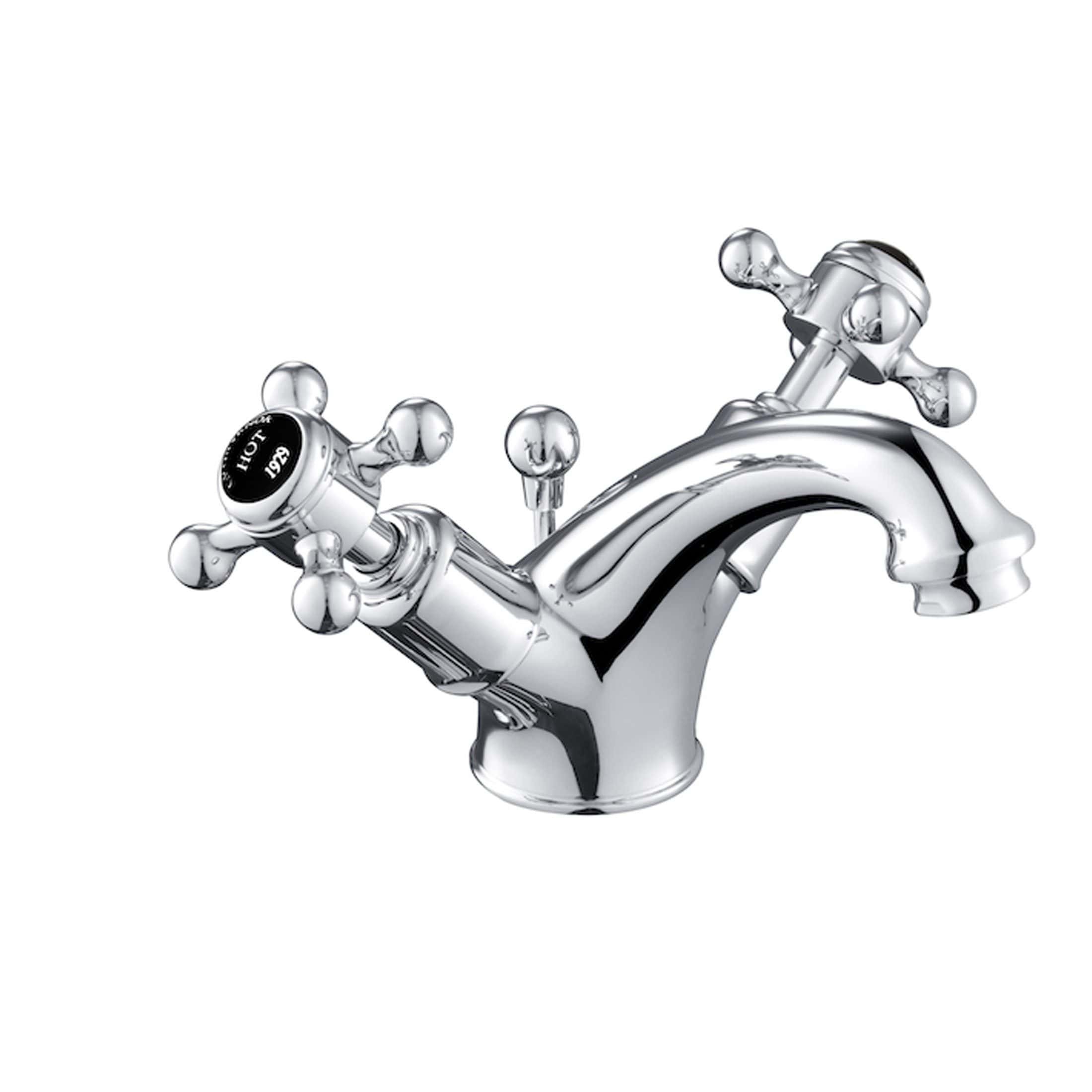 Shiny chrome bathroom tap with dual cross handles, classic design, suitable for vintage or traditional bathrooms, high-quality fixtures for elegant bathroom decor.