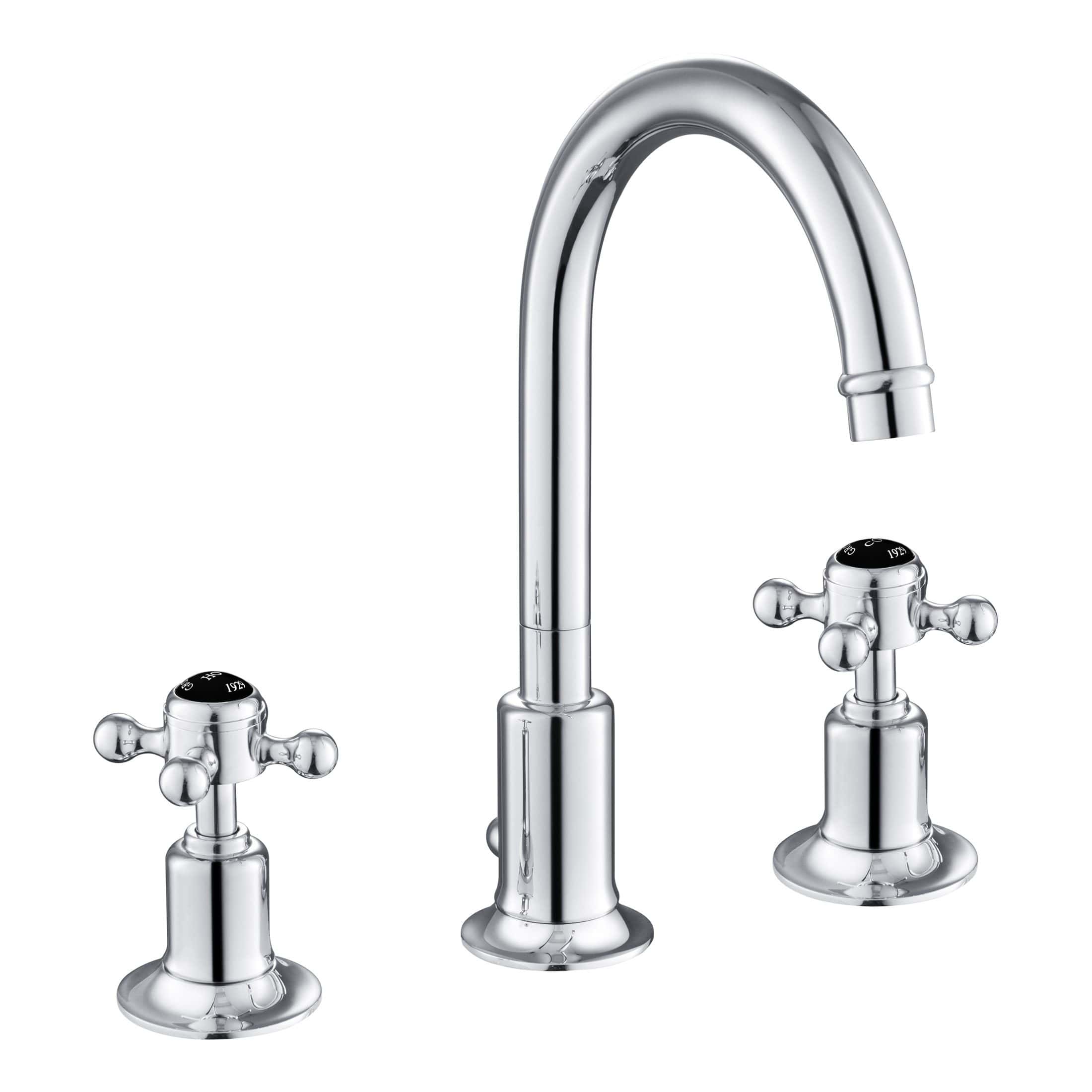 Polished chrome kitchen mixer tap with two separate taps for hot and cold water, ideal for traditional bathroom and kitchen designs. Durable and stylish plumbing fixture.