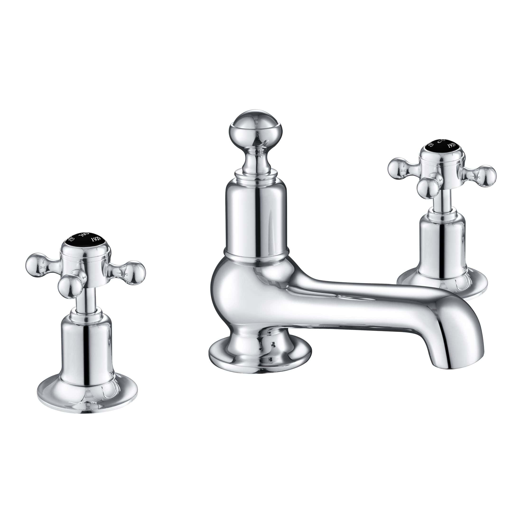 Polished chrome bathroom sink tap with dual handles and classic design, ideal for traditional bathrooms. High-quality, durable fixtures for reliable water control and elegant style.