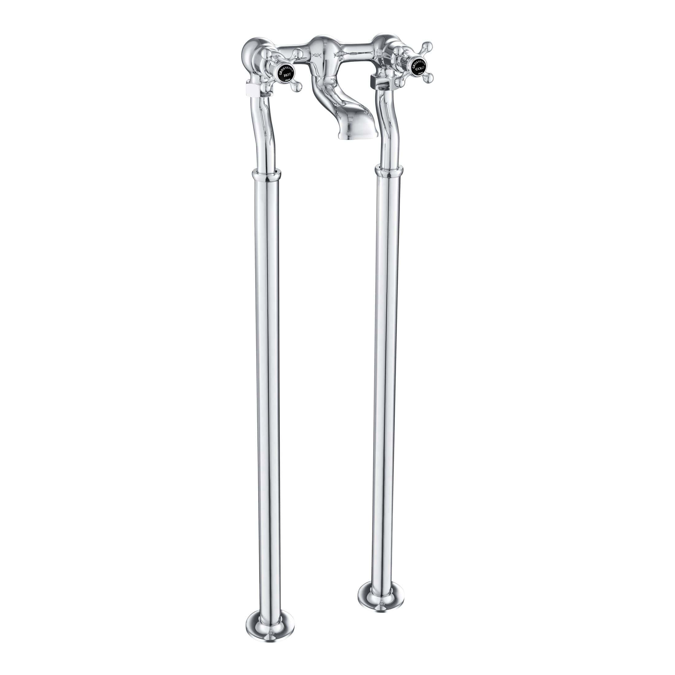 Polished chrome Victorian-style bathroom sink tap with separate hot and cold handles and elegant design.