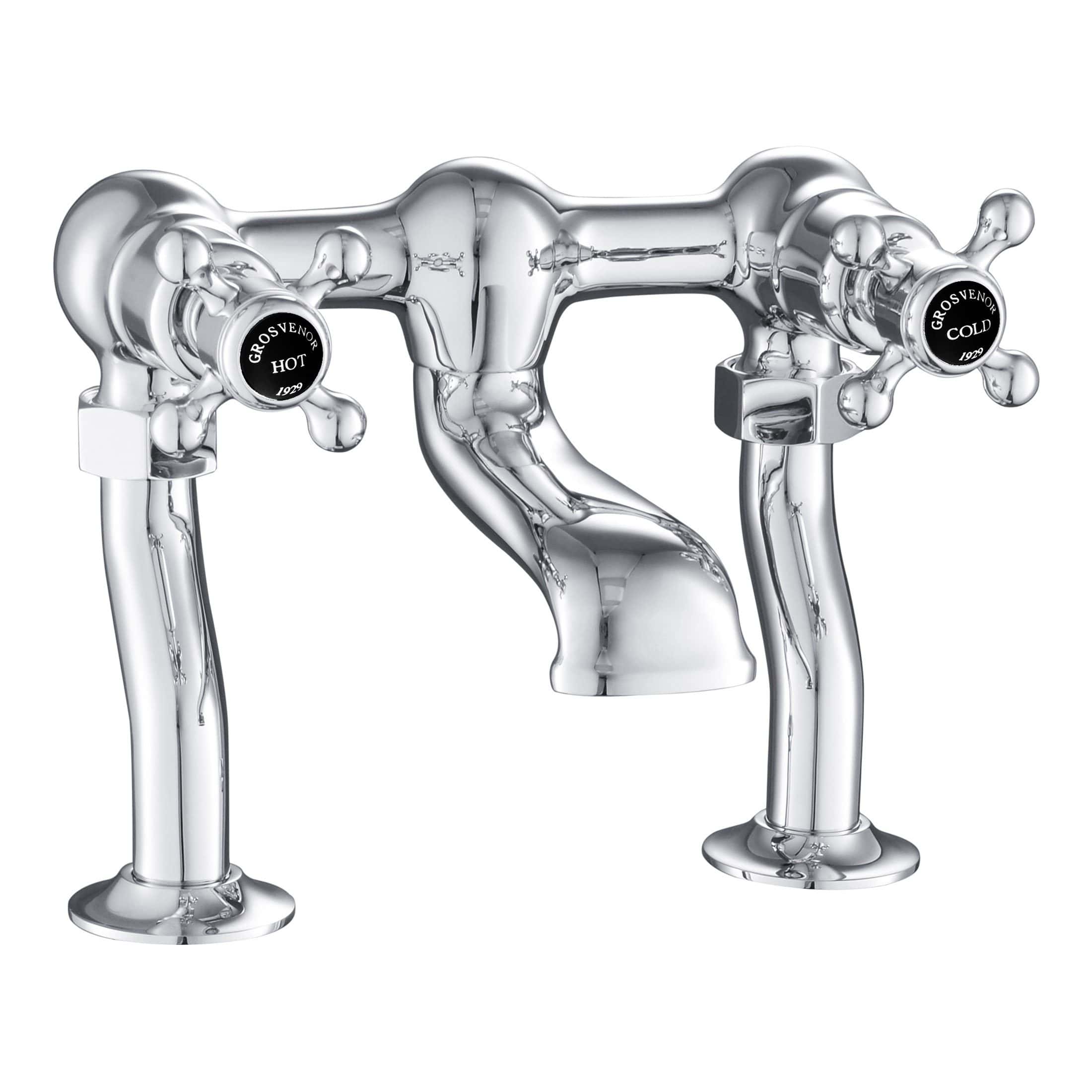 Polished chrome vintage-style bath tap with dual cross handles, hot and cold water controls, ideal for traditional bathroom sinks.