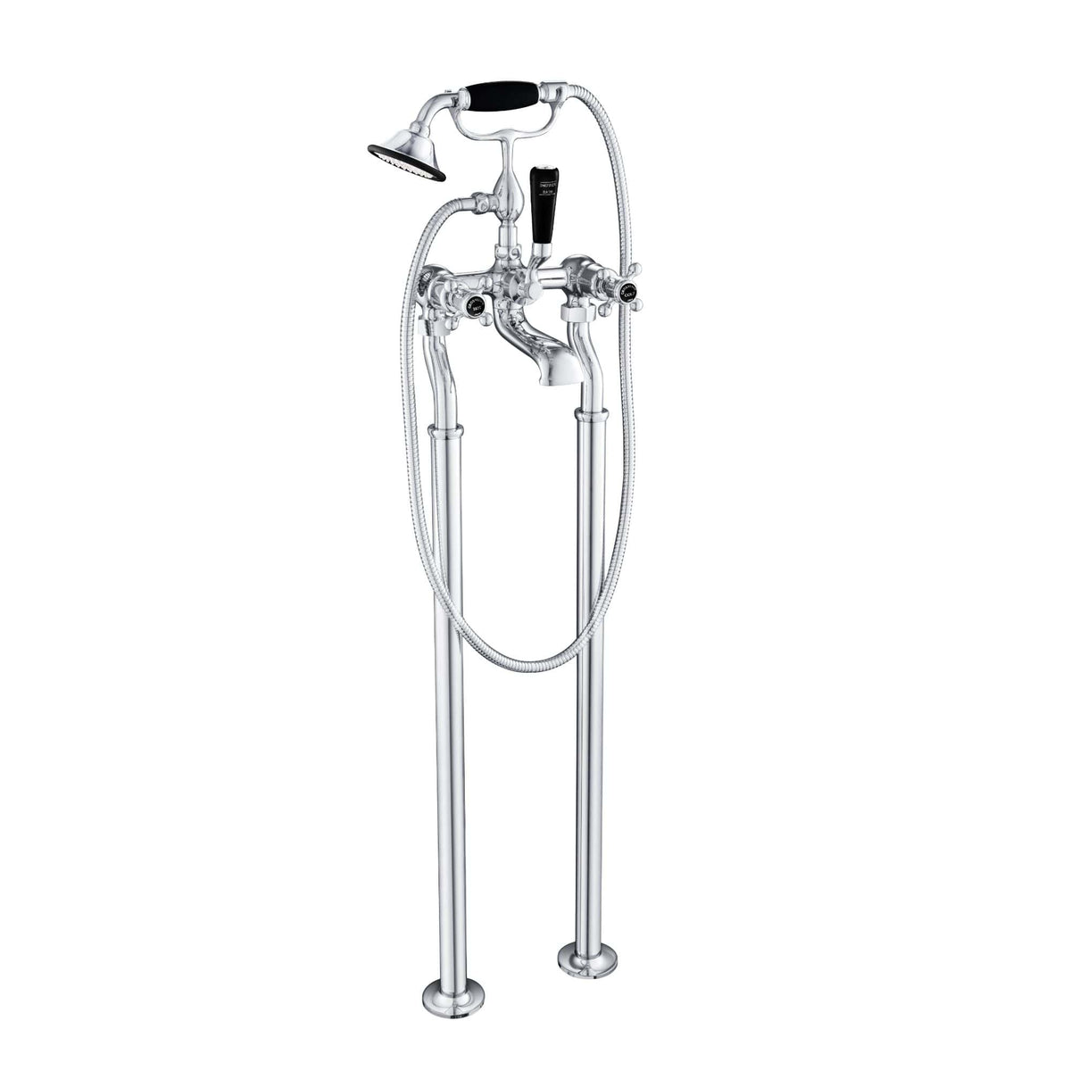Shower bathtub mixer tap with handheld shower, vintage-style polished chrome finish, designed for modern Bubly Bathrooms installations. Perfect for creating a stylish, functional shower experience.