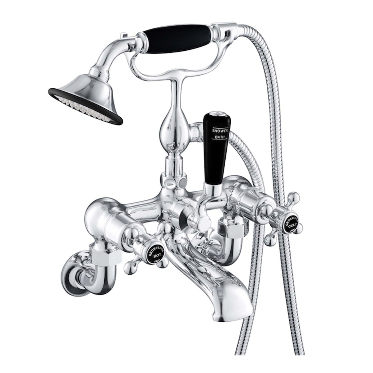 Shiny chrome vintage-style bathtub mixer tap with handheld shower head and black lever controls, ideal for luxury bathrooms and modern design.