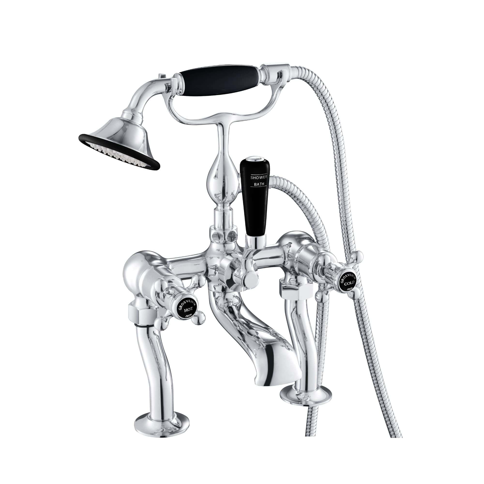 Polished chrome bathroom faucet with handheld shower attachment, dual control handles, and vintage-style design for classic bathroom decor.