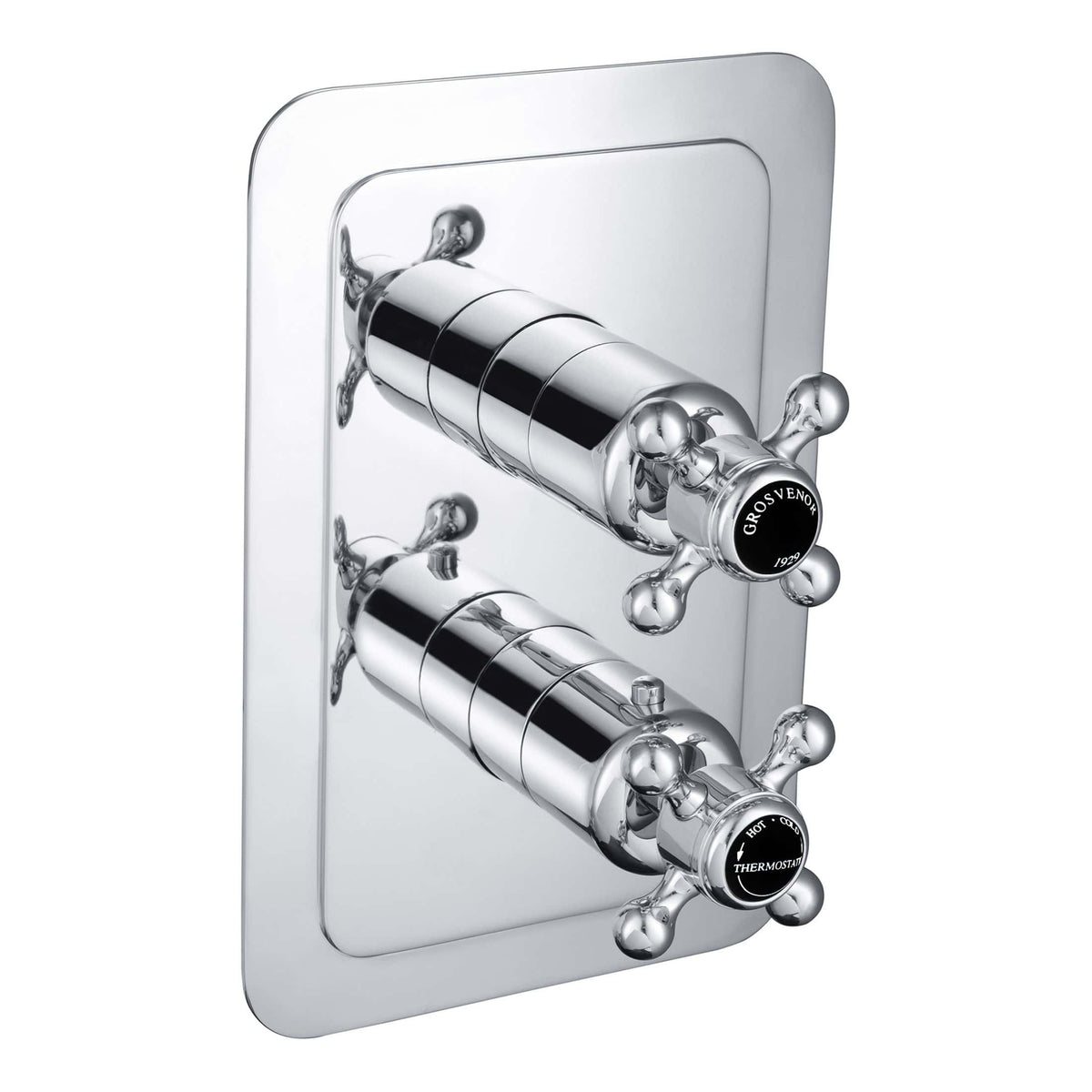 Chrome bathroom diverter valve with thermostatic control, suitable for luxurious Bubly Bathrooms installations. Ideal for precise water temperature control and elegant bathroom design.
