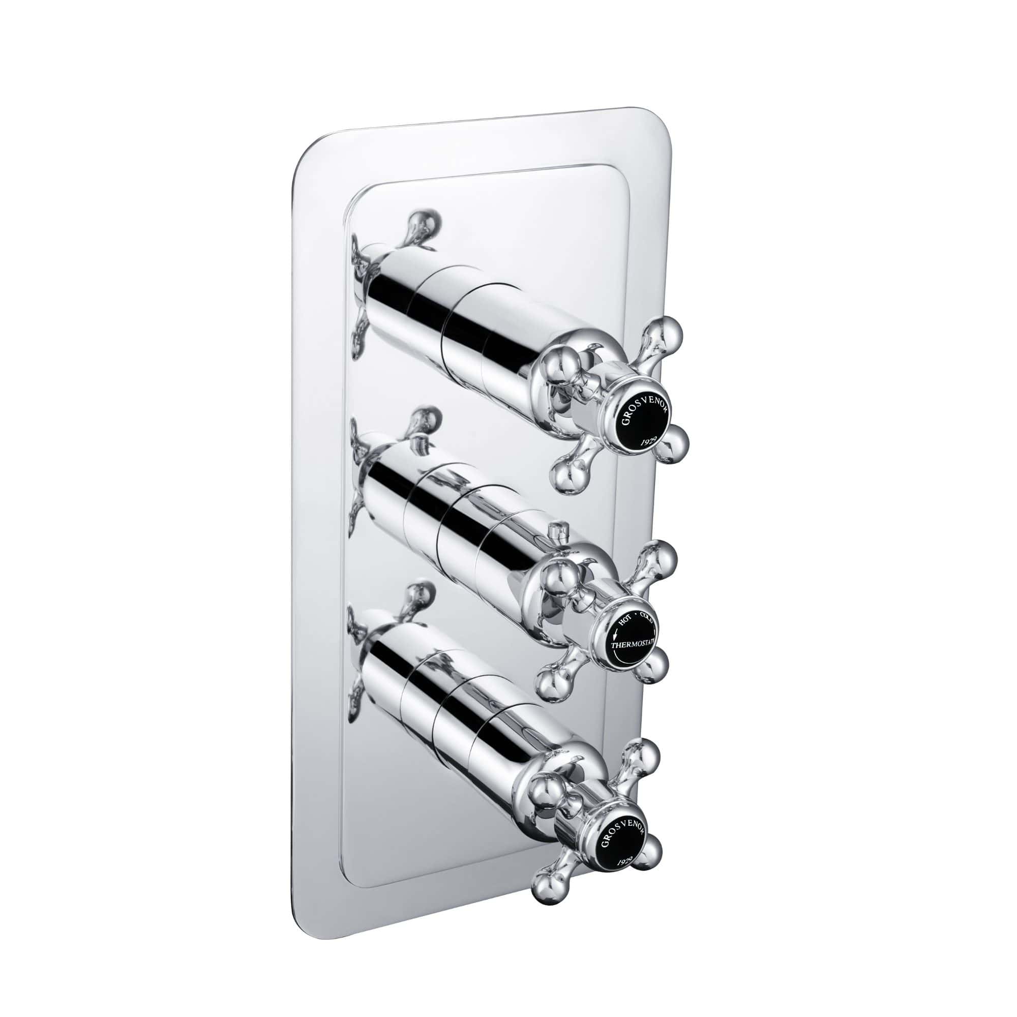 Polished chrome three-valve shower switch panel with cross handles, ideal for luxurious bathroom installations. Designed for durability and easy control of water temperature and flow.
