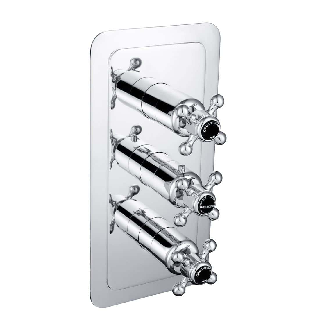 Shower valve with three chrome controls, modern bathroom fixture, chrome-plated, for precise temperature and flow management. Perfect for bathroom renovation and plumbing upgrades.