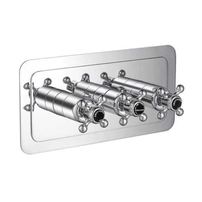 Chrome thermostatic shower valve with diverter, wall-mounted, for modern bathroom plumbing. High-quality bathroom fixtures from Bubly Bathrooms.