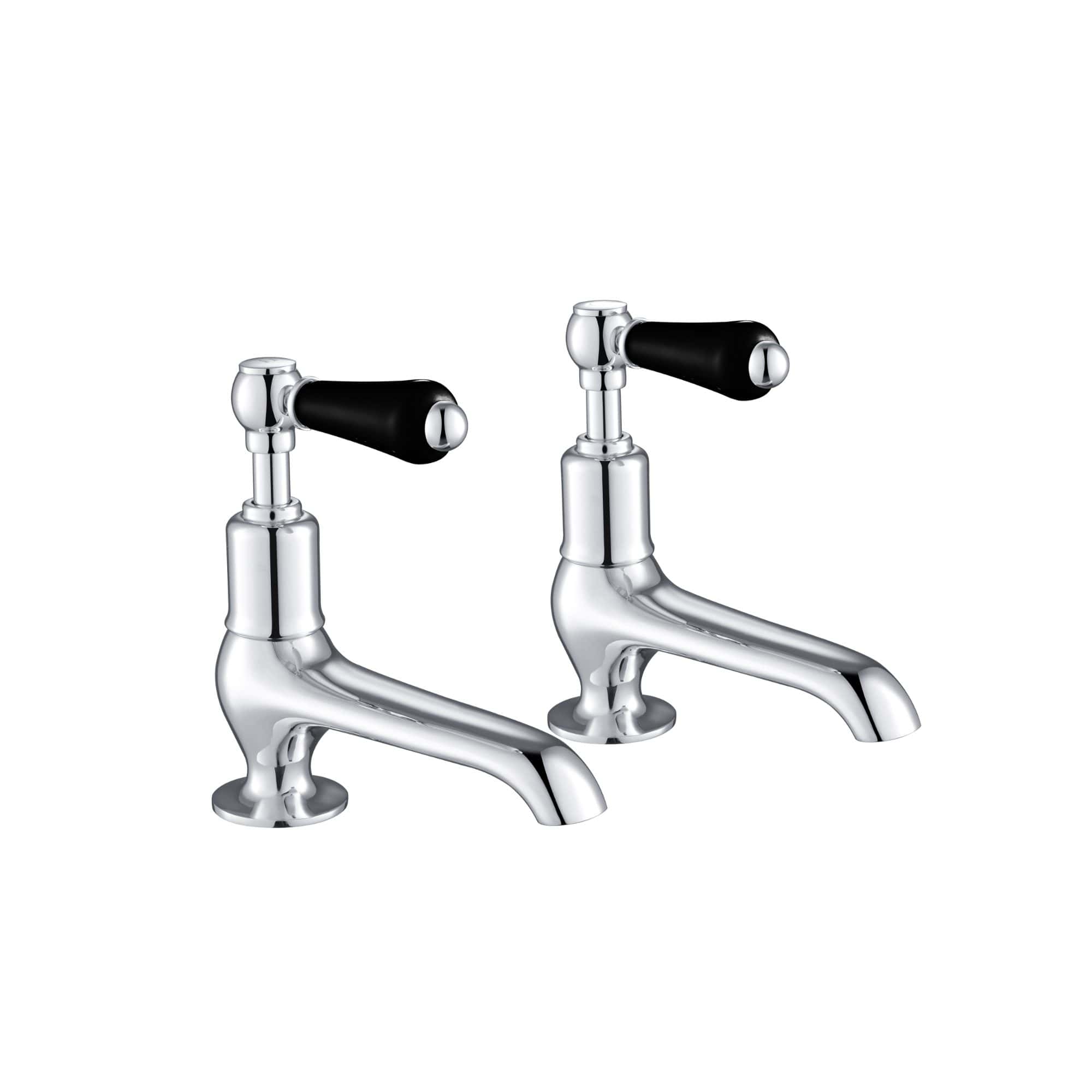 Shiny chrome vintage kitchen tap with black handles, retro style sink faucet, durable brass construction, ideal for bathrooms and kitchens, classic design with modern functionality.
