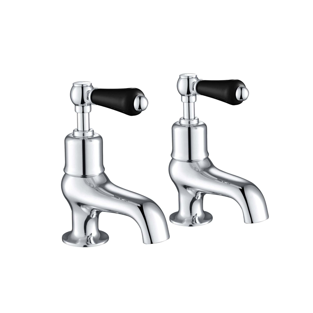 Chrome bathroom basin taps with black handles, modern design for stylish bathroom fixtures. High-quality and durable, perfect for residential or commercial bathrooms.