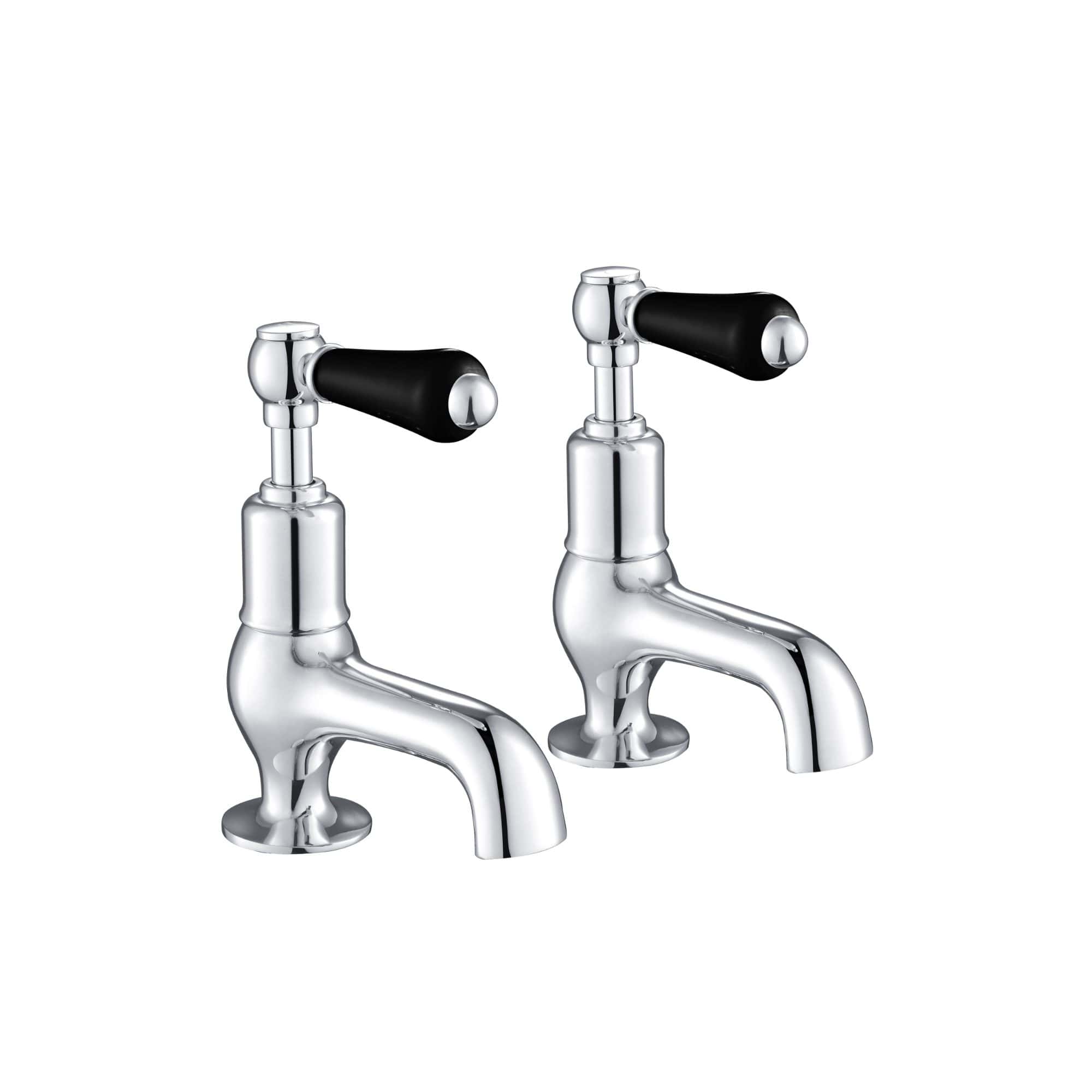 Polished chrome vintage-style kitchen or bathroom sink taps with black handles, ideal for traditional and classic bathroom renovation projects.