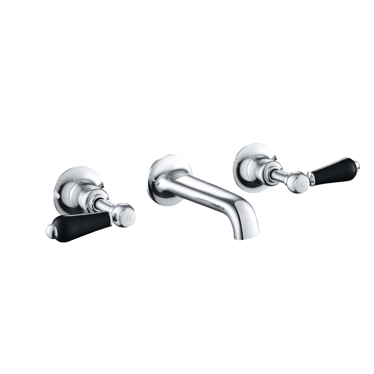 Chrome bathroom tap with dual black handles and a central spout, ideal for stylish and functional bathroom fixtures. Perfect for modern bathrooms seeking quality and elegant design.