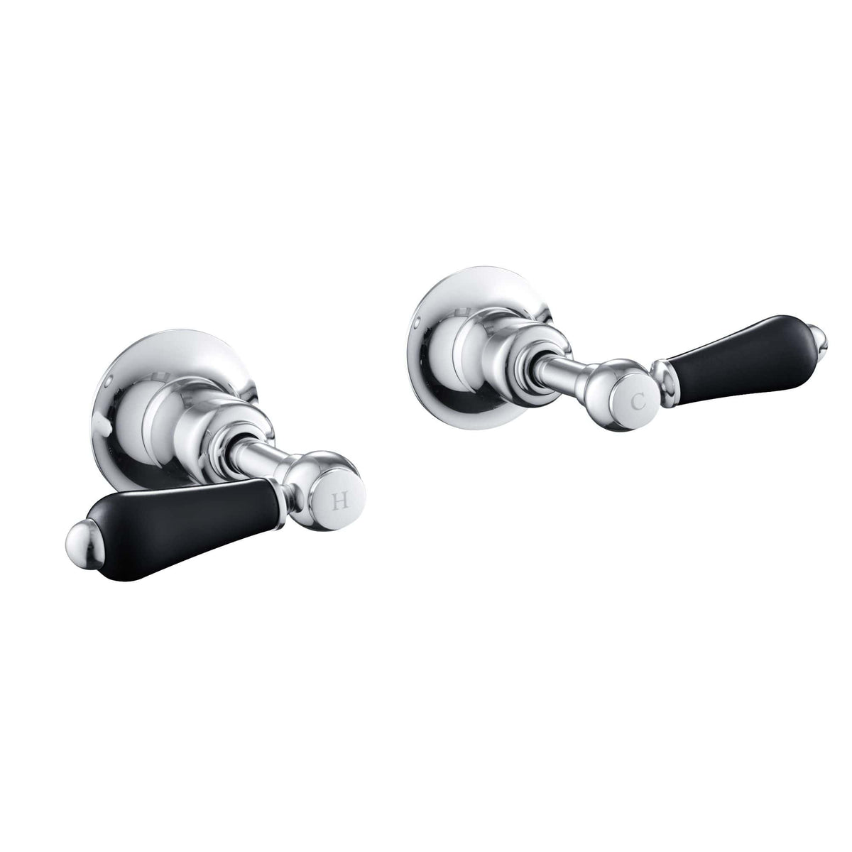 Chrome bathroom mixer tap handles with classic black ceramic lever, ideal for high-quality bathrooms and vintage-inspired fixtures. Perfect for enhancing bathroom aesthetics and functionality.