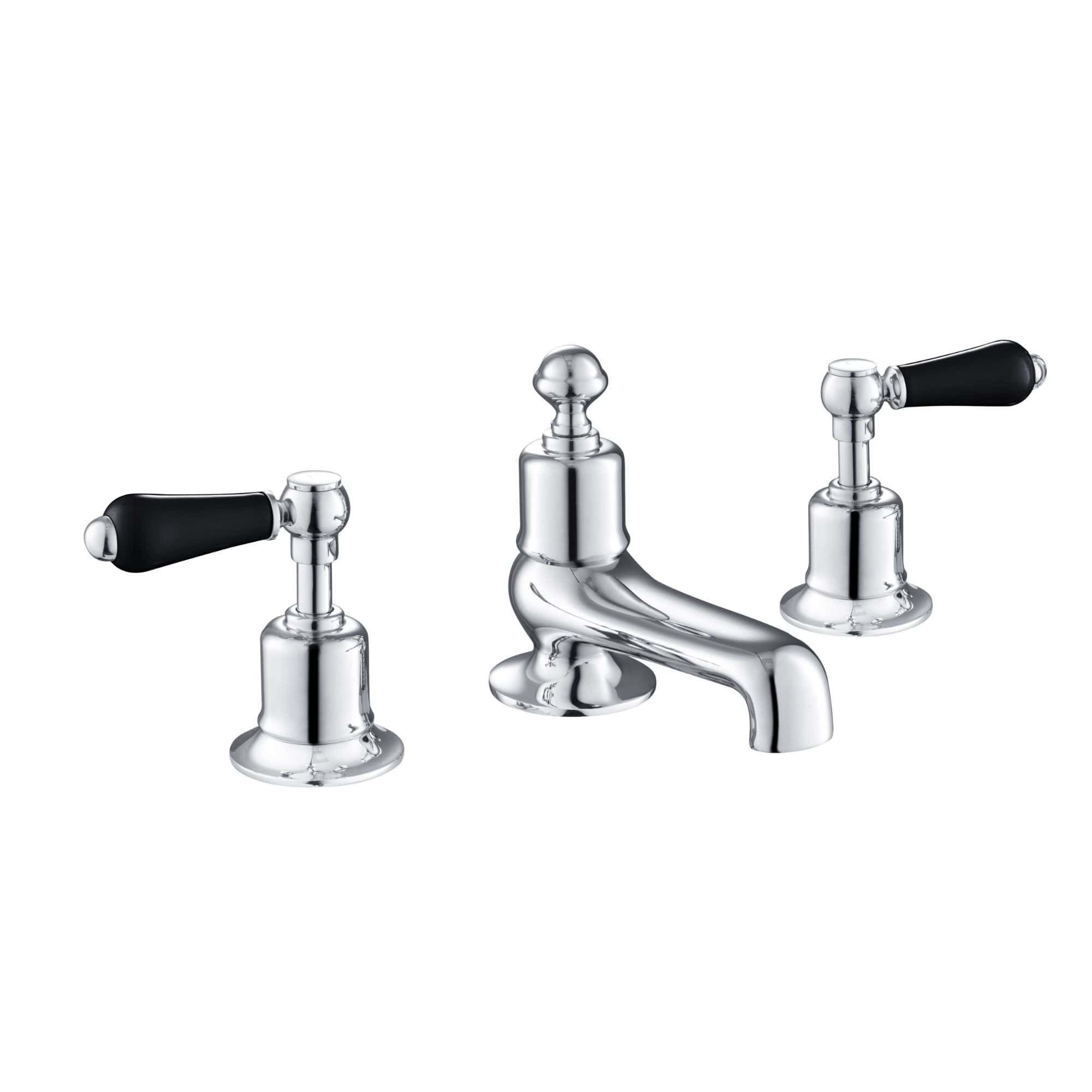 Polished chrome bathroom tap with black handles, traditional design, suitable for vintage or classic style bathrooms. Quality fixtures from Bubly Bathrooms for durable and elegant sink fittings.