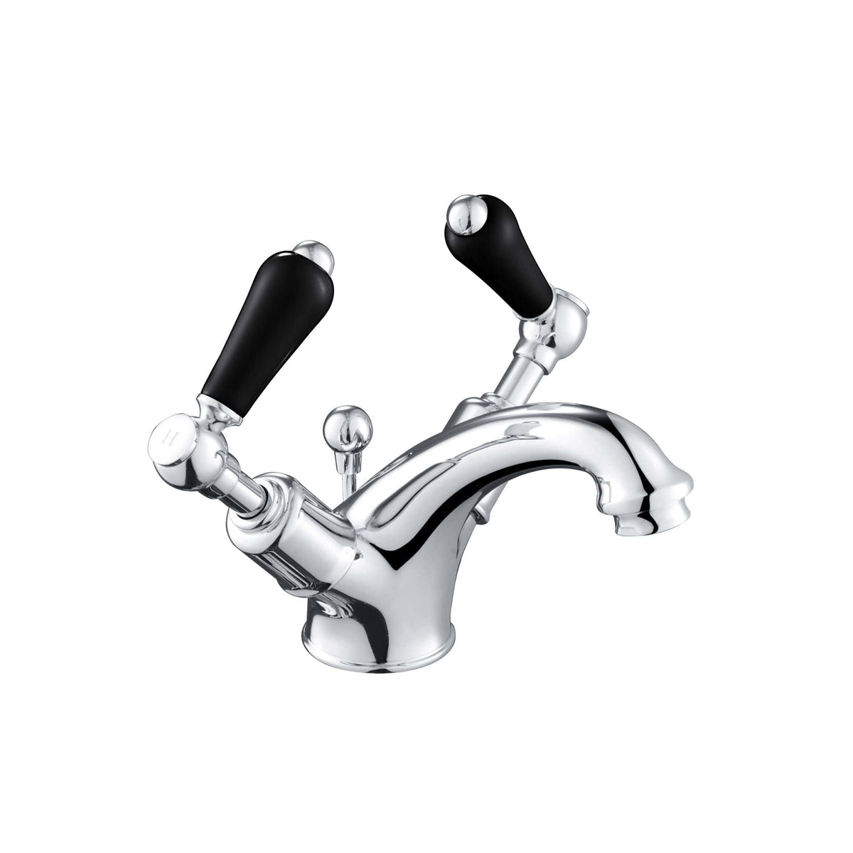 Chrome bathroom mixer tap with dual black handles, modern design, suitable for contemporary bathrooms. Perfect for stylish and functional bathroom updates.