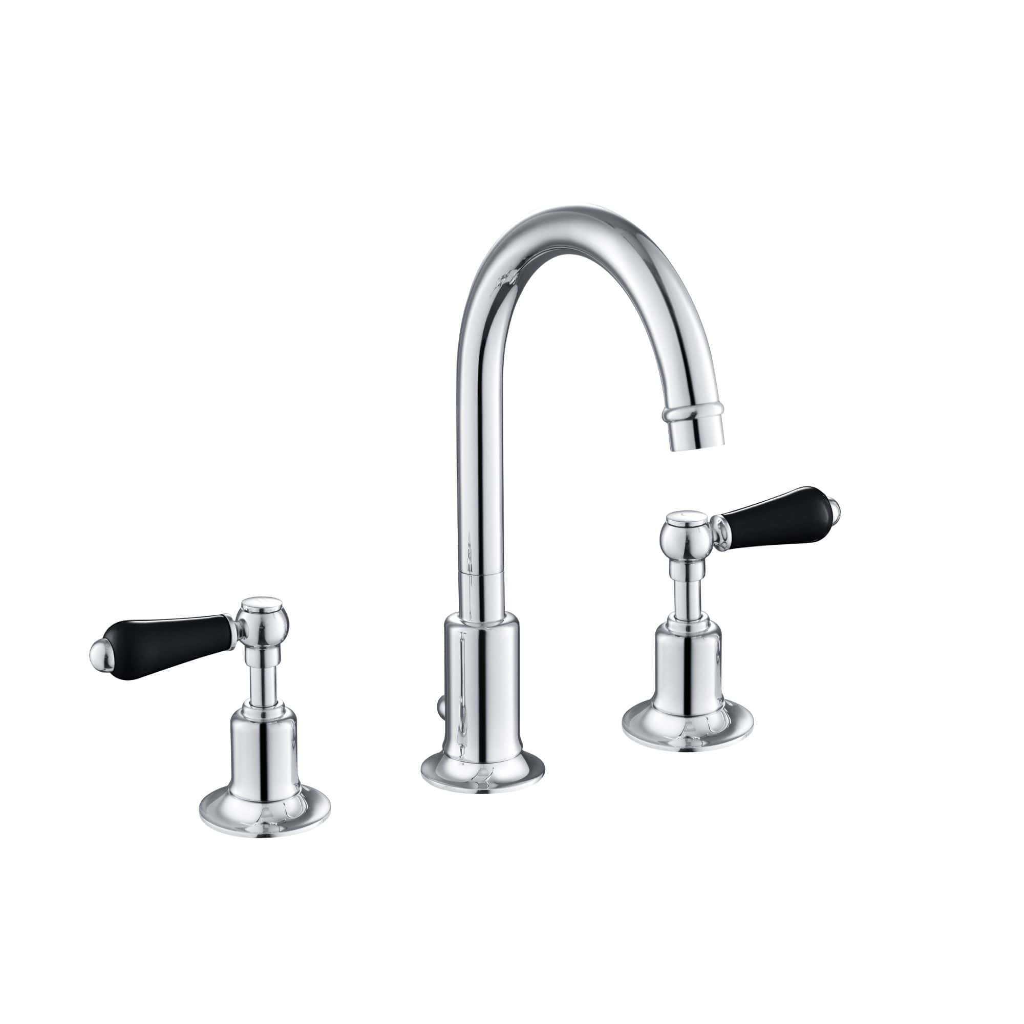 Polished chrome bathroom mixer tap with black handles, ideal for contemporary bathroom installations. Durable and stylish, perfect for kitchen or bathroom sinks.