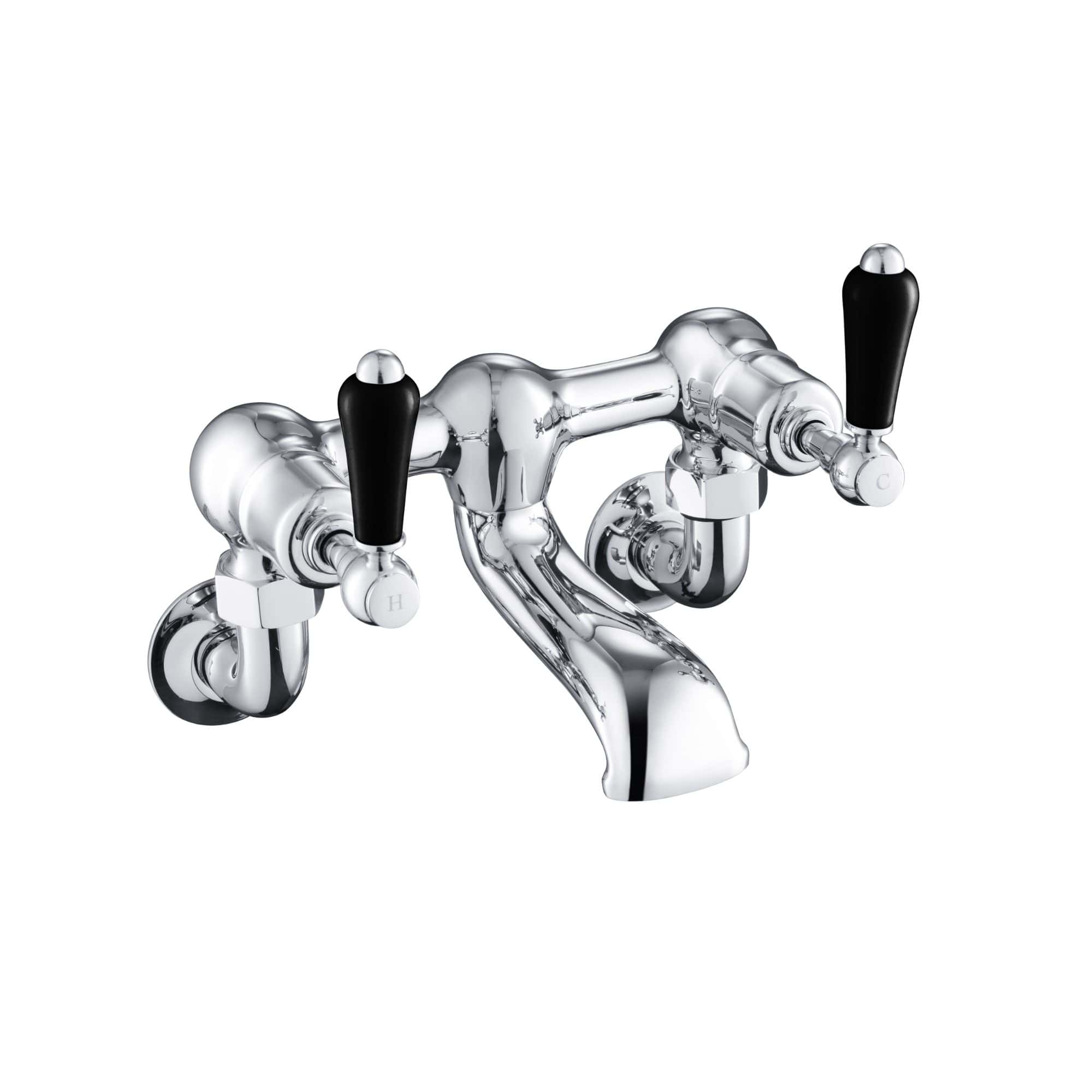 Shiny chrome bathroom faucet with black handles, vintage style, for basin or sink, high-quality fixtures for classic bathroom decor, premium plumbing accessories.